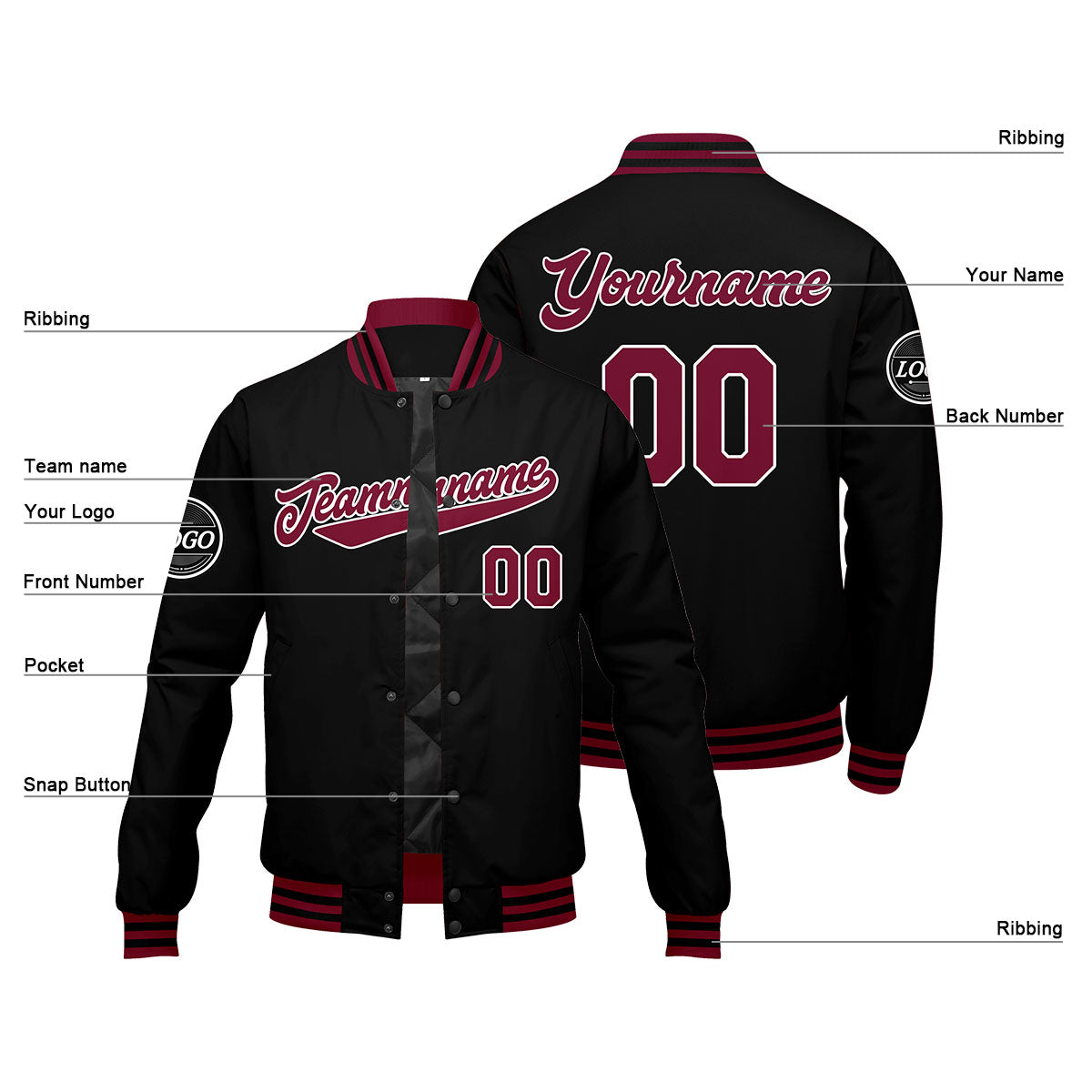 Custom Varsity Jacket Letterman jacket for Men, Women and Youth Crimson Black