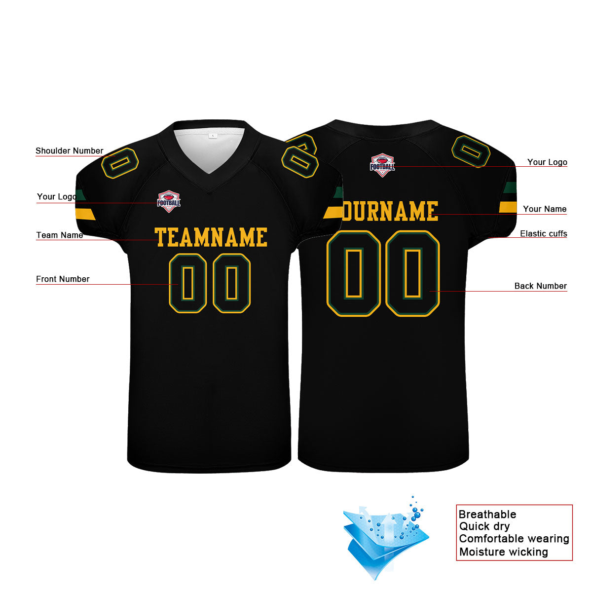 Custom Football Jersey Shirt Personalized Printed Team Name Number Black