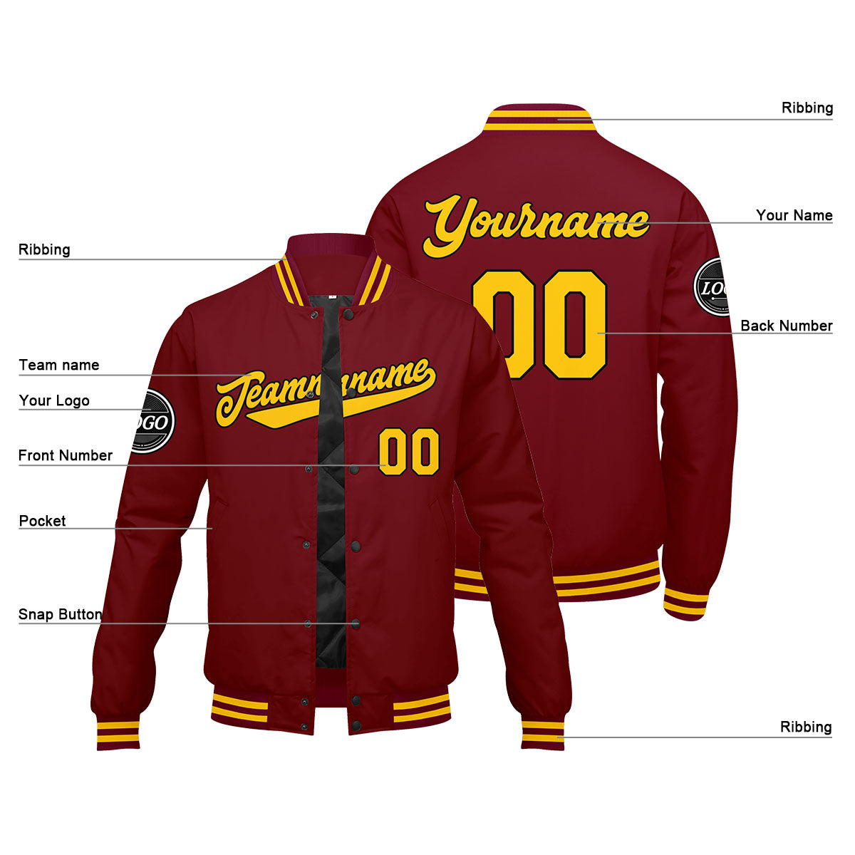 Custom Varsity Jacket Letterman jacket for Men, Women and Youth Crimson Yellow