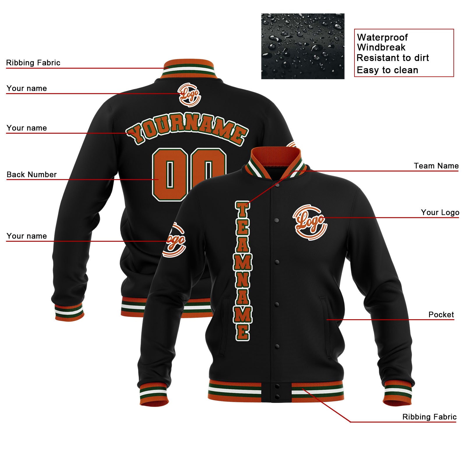 Custom Black Orange Green Waterproof Varsity Jackets Personalized Stitched Name Number Logo to Letterman Jackets