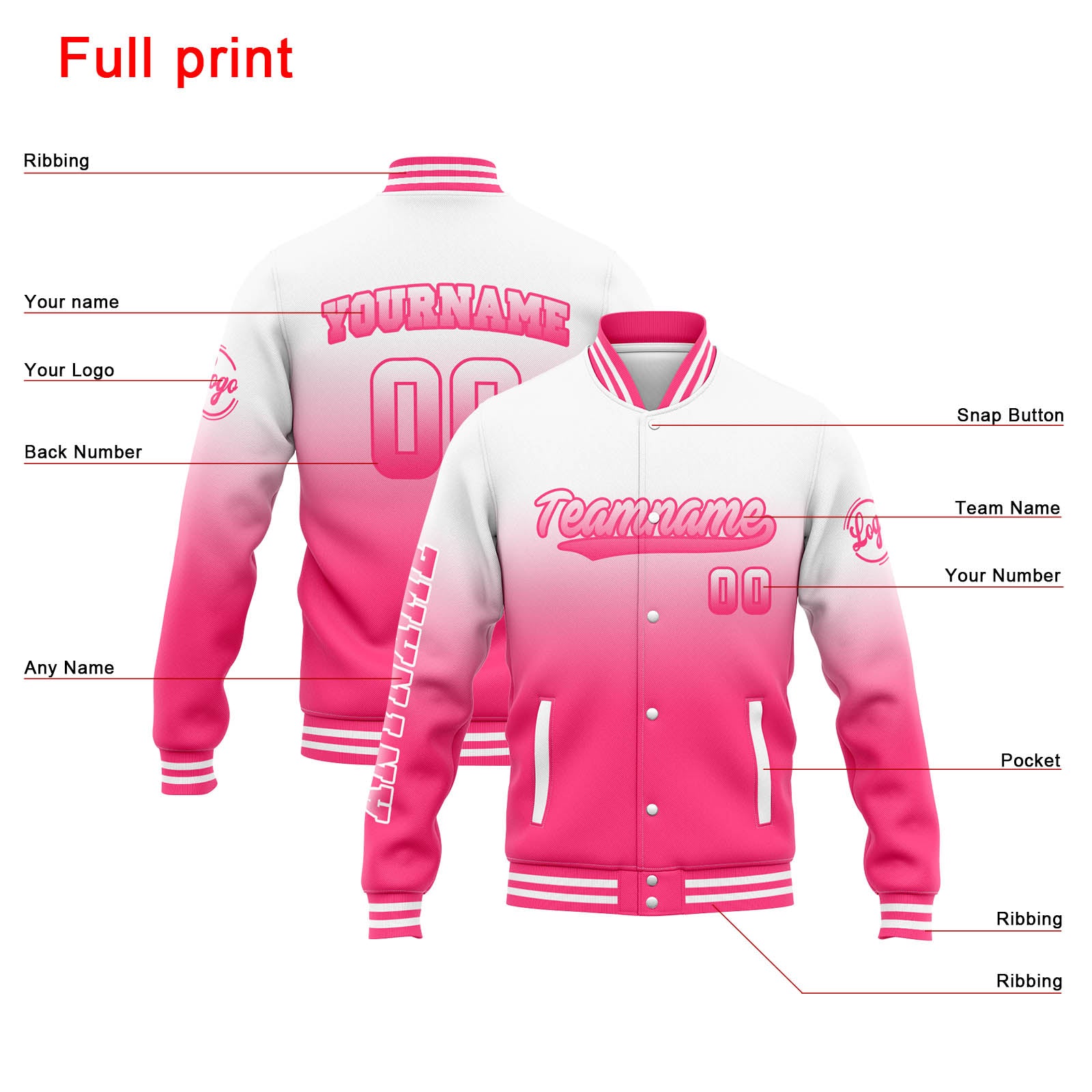 Custom Varsity Jacket Letterman jacket for Men, Women and White Pink Gradient