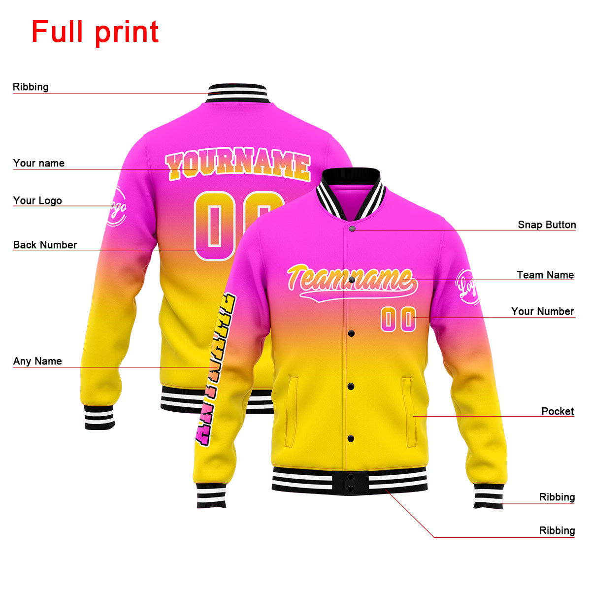 Custom Varsity Jacket Letterman jacket for Men, Women and Youth Pink&Yellow