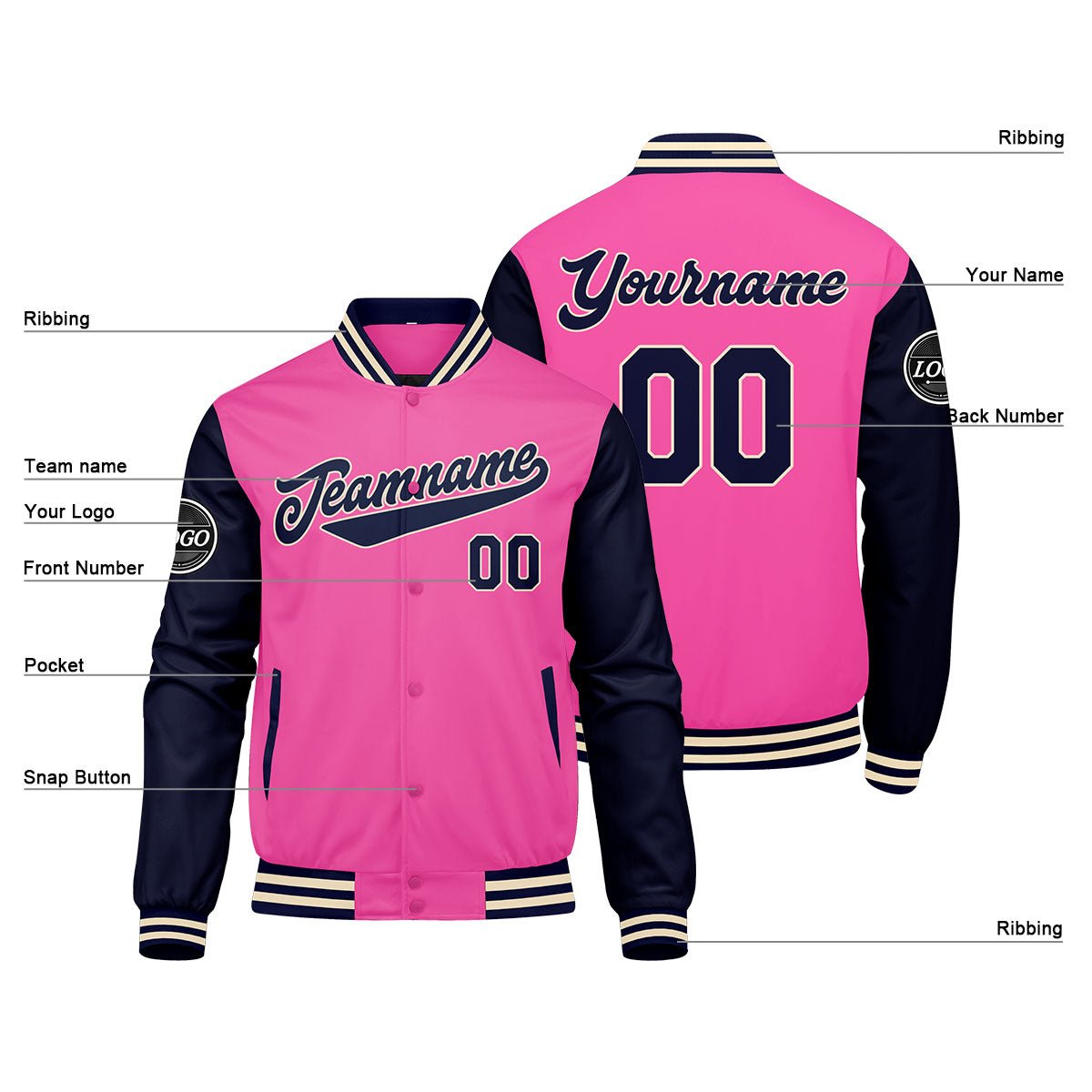 Custom Varsity Jacket Letterman jacket for Men, Women and Youth Pink Navy