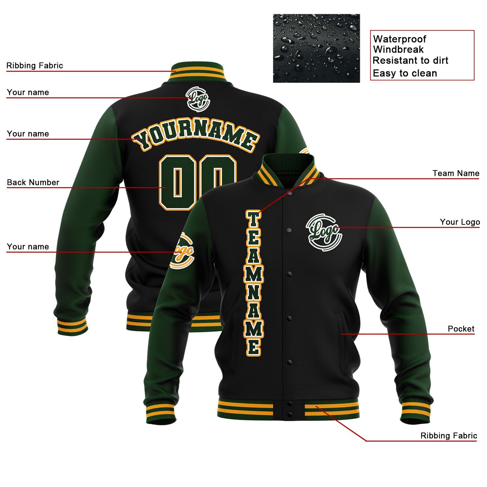 Custom Black Drak Green Yellow Waterproof Varsity Jackets Personalized Stitched Name Number Logo to Letterman Jackets