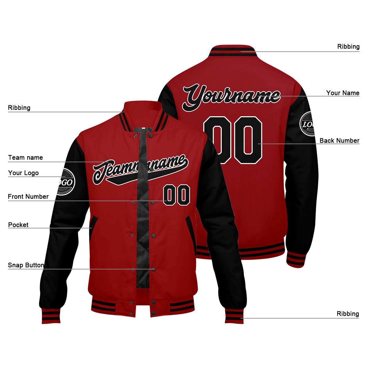 Custom Varsity Jacket Letterman jacket for Men, Women and Youth Red Black