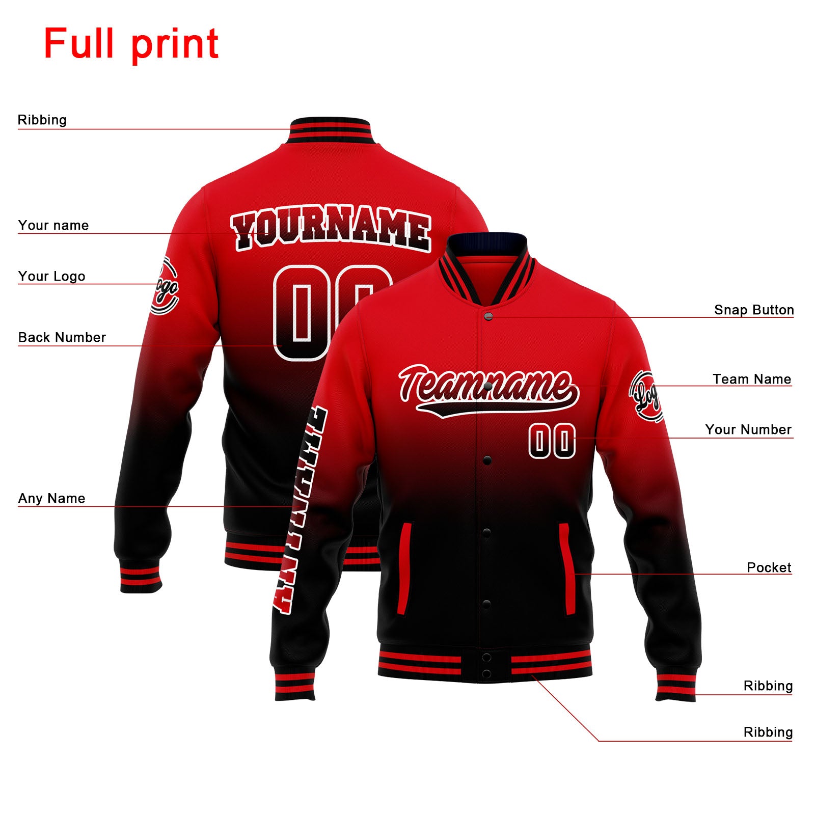 Custom Varsity Jacket Letterman jacket for Men, Women and Youth Red Black Gradient