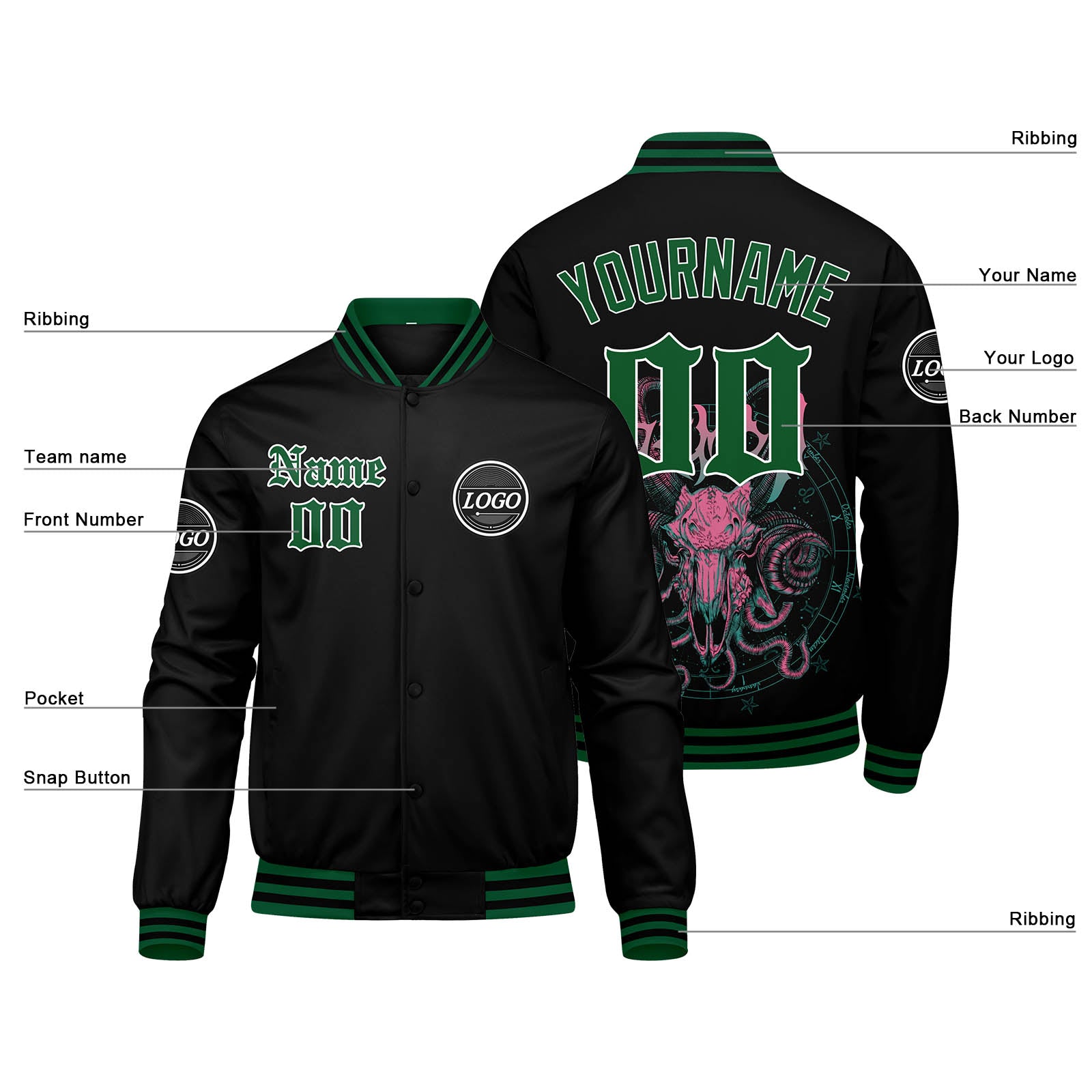 Custom Varsity Jacket Letterman jacket for Men, Women and Green