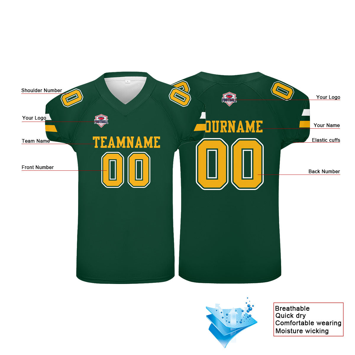 Custom Football Jersey Shirt Personalized Printed Team Name Number Green