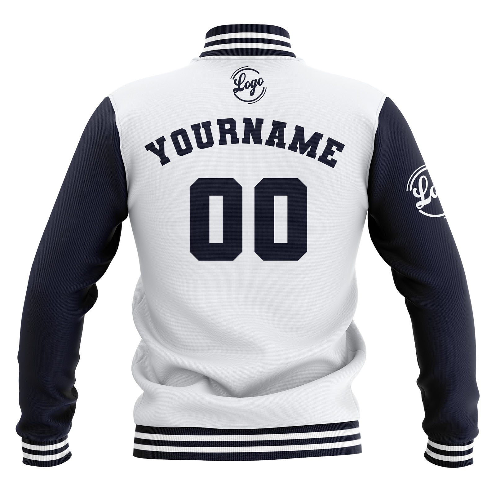 Custom White Navy Waterproof Varsity Jackets Personalized Stitched Name Number Logo to Letterman Jackets