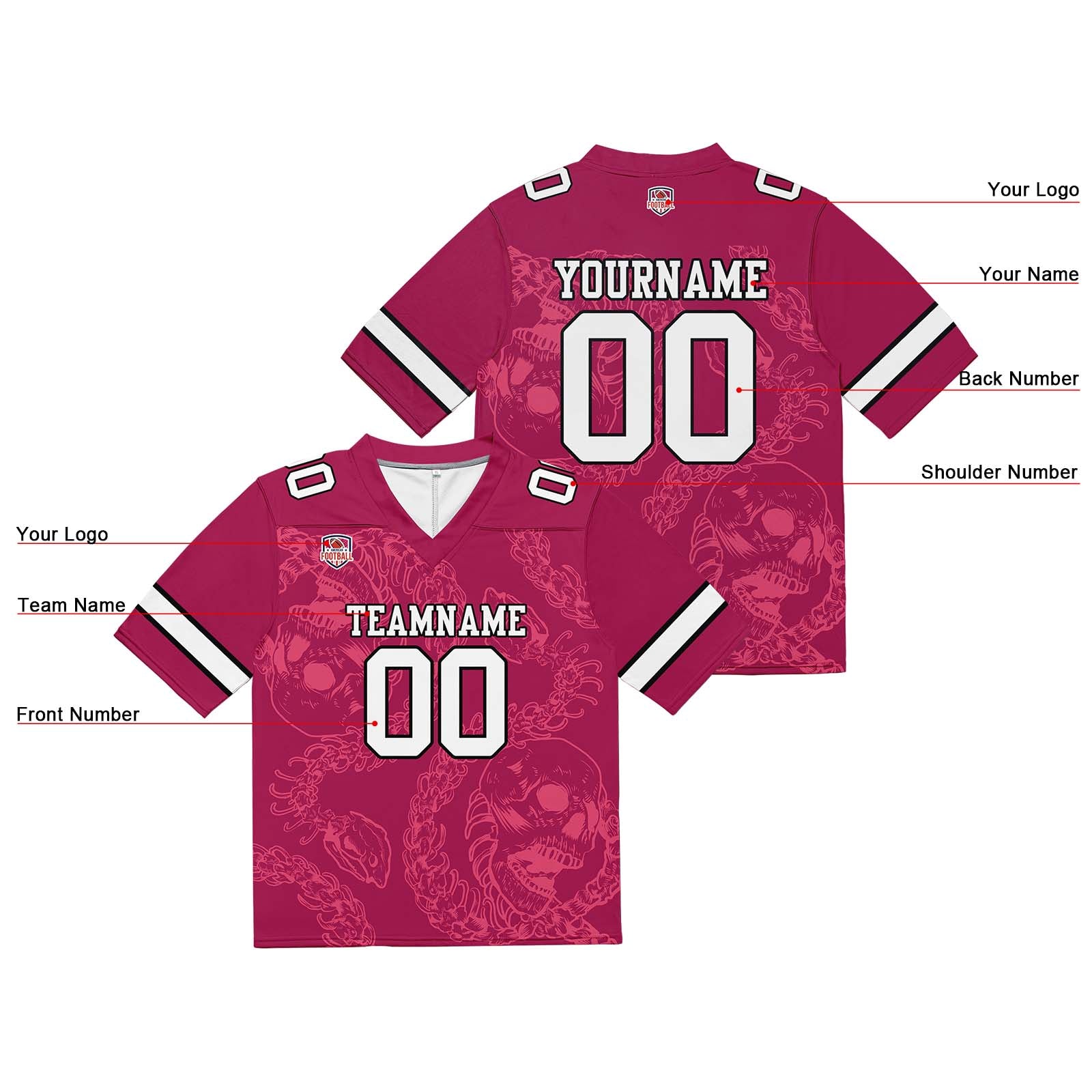 Custom Football Jersey Shirt Personalized Stitched Printed Team Name Number Bones-Raspberry red