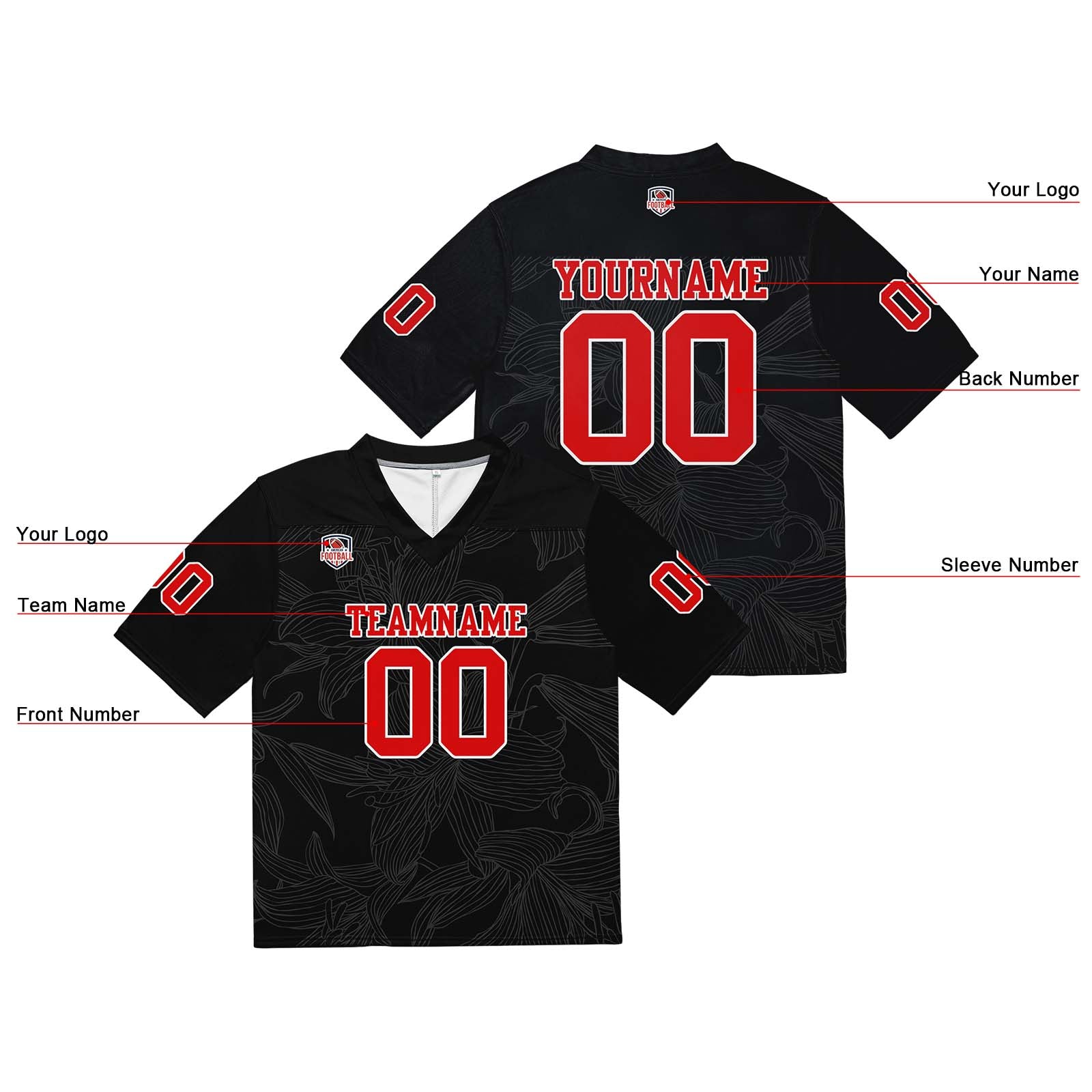 Custom Football Jersey Shirt Personalized Stitched Printed Team Name Number Black&Red