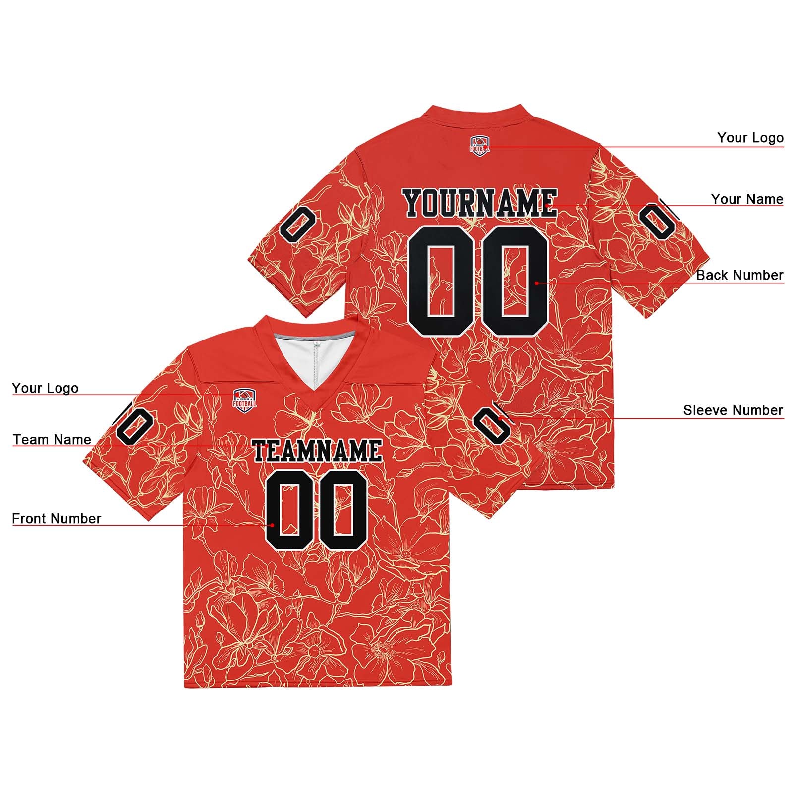 Custom Football Jersey Shirt Personalized Stitched Printed Team Name Number Tangerine