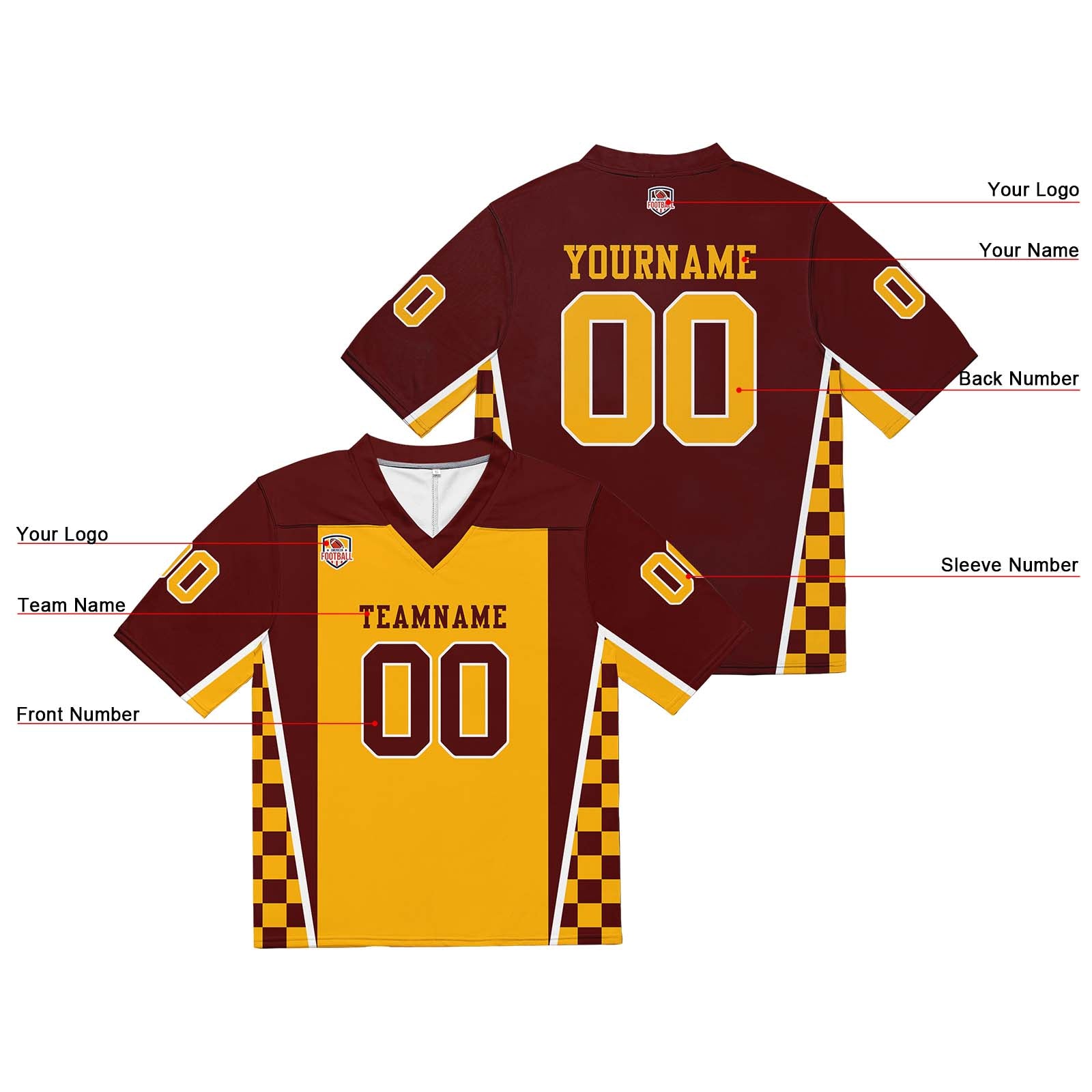 Custom Football Jersey Shirt Personalized Stitched Printed Team Name Number Burgundy & Yellow