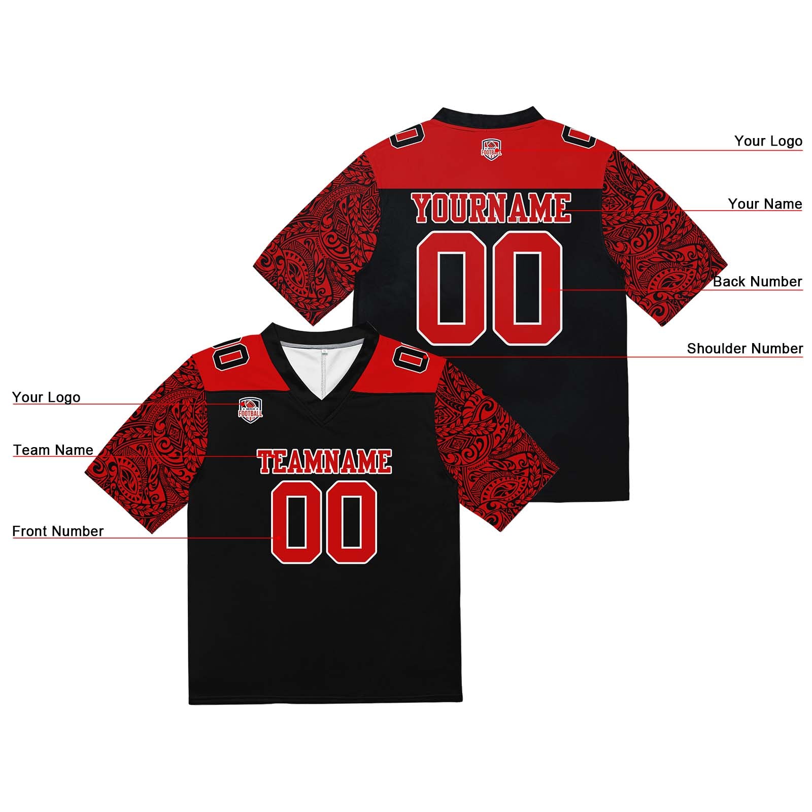Custom Football Jersey Shirt Personalized Stitched Printed Team Name Number Black&Red