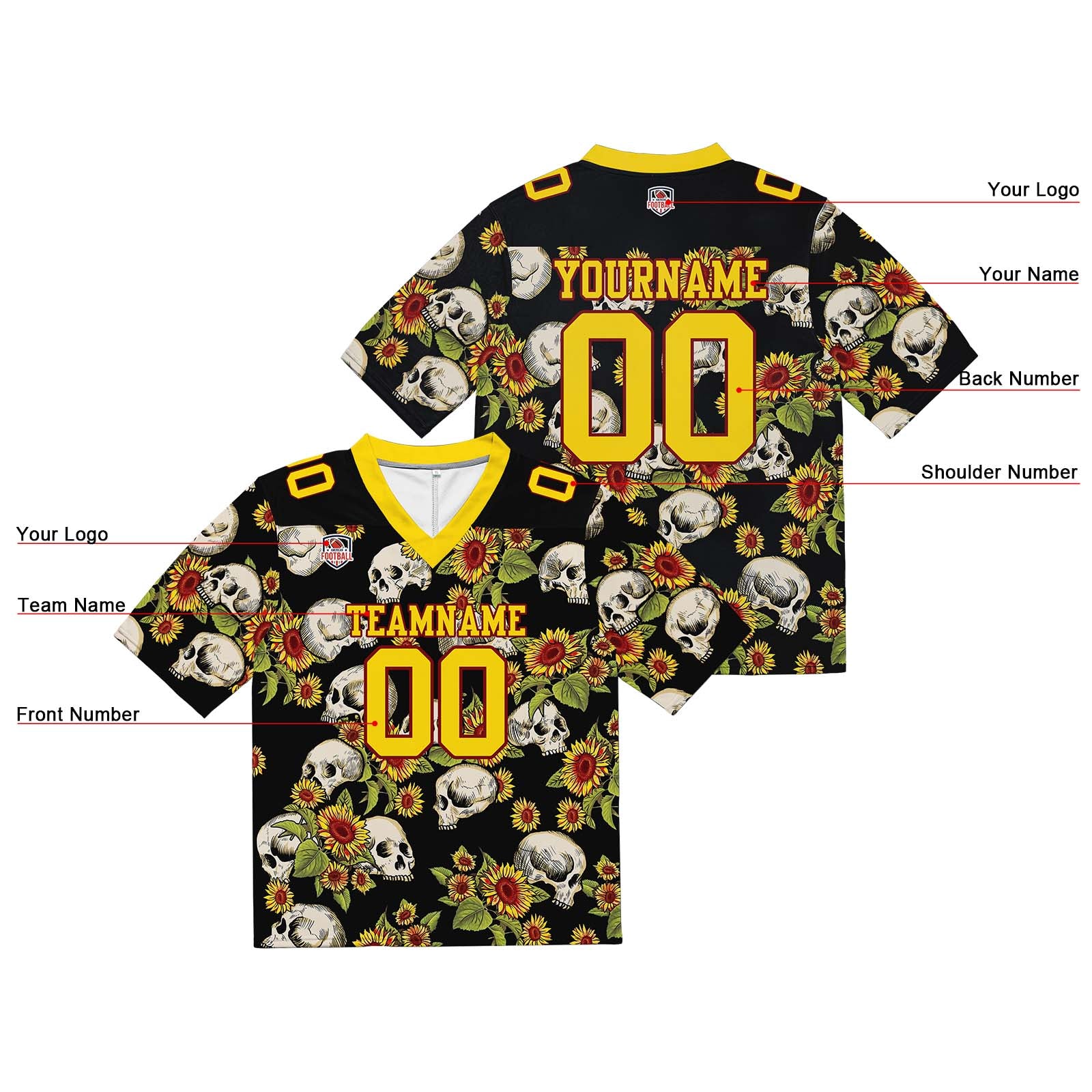 Custom Football Jersey Shirt Personalized Stitched Printed Team Name Number Skull-Yellow