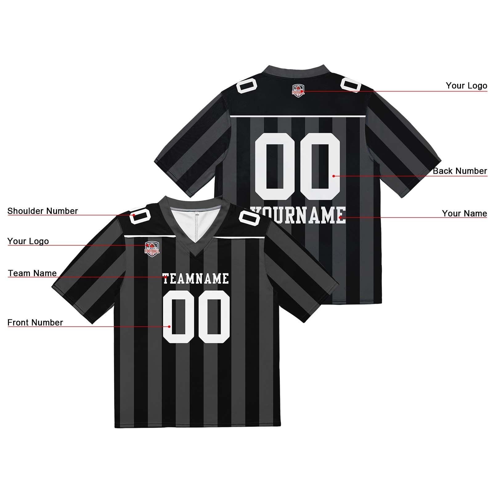 Custom Football Jersey Shirt Personalized Stitched Printed Team Name Number Black & Grey