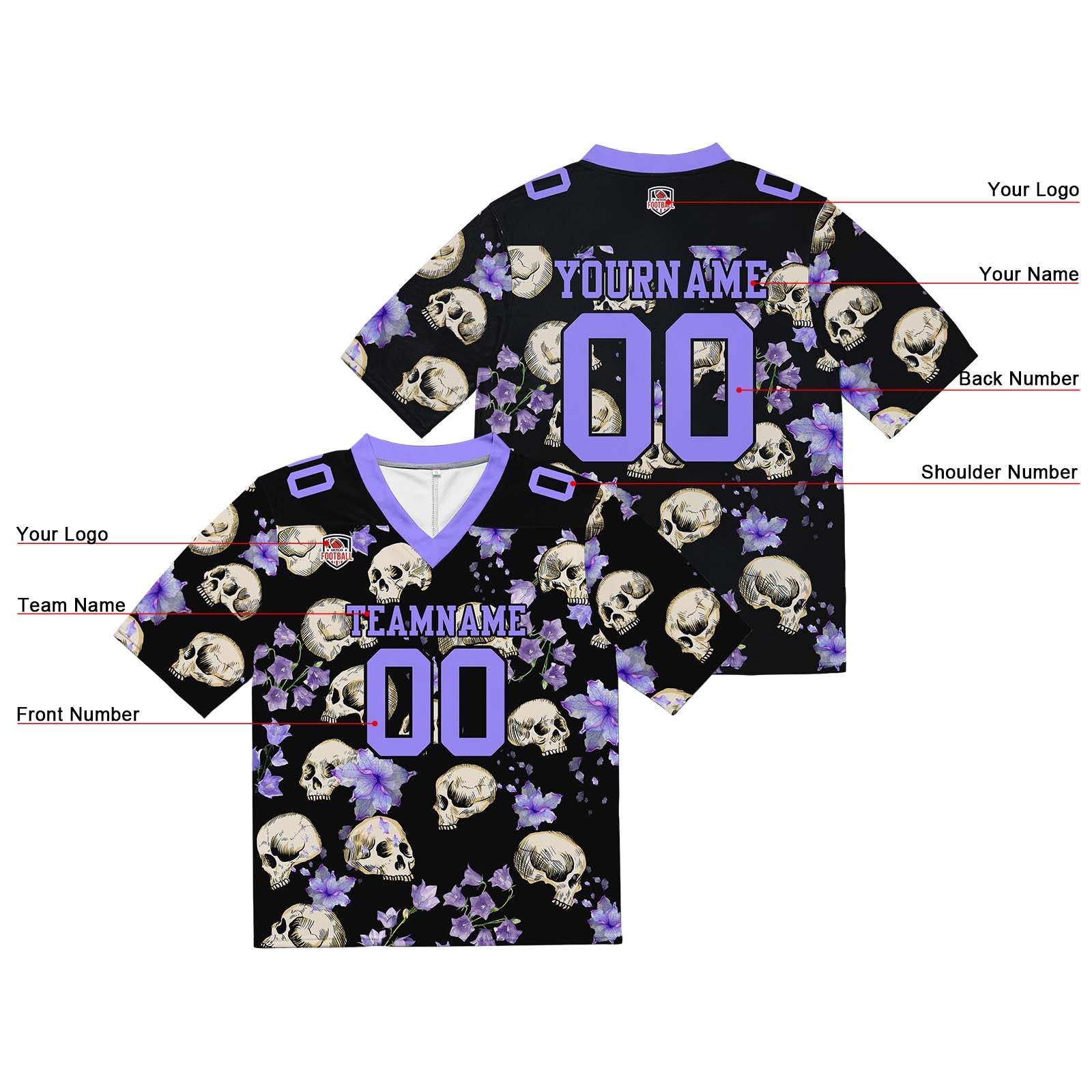 Custom Football Jersey Shirt Personalized Stitched Printed Team Name Number Skull-Purple