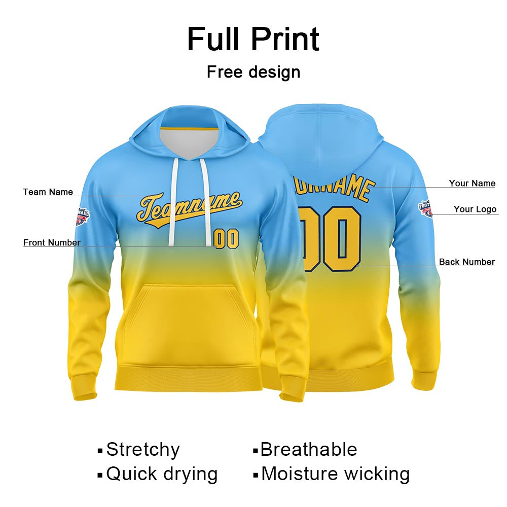 Custom Gradient Sweatshirt Hoodie For Man Woman Girl Boy Print Your Logo Name Number Light Blue Yellow