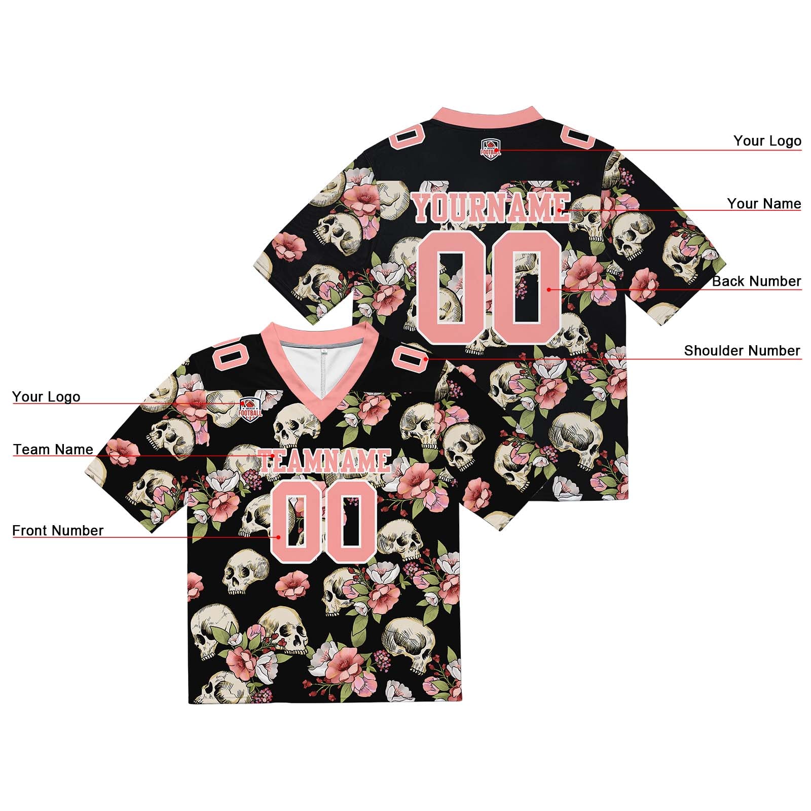 Custom Football Jersey Shirt Personalized Stitched Printed Team Name Number Skull-Pink