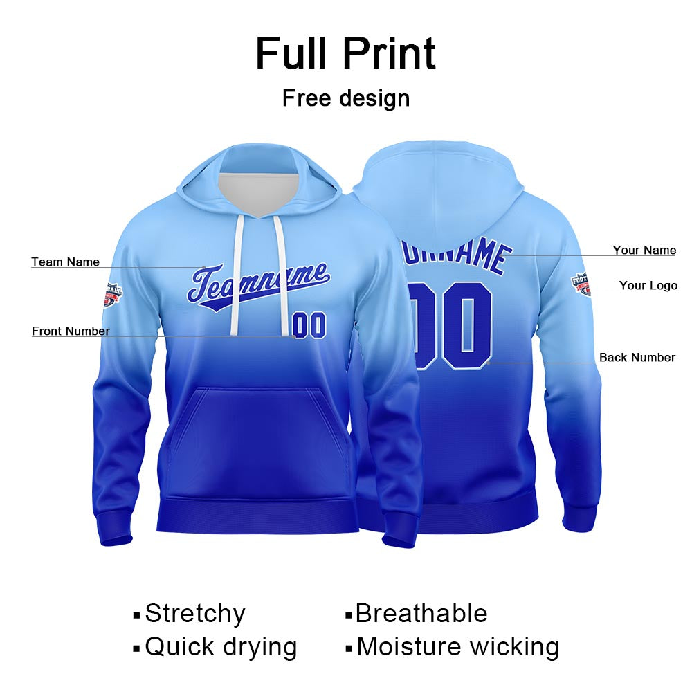 Custom Gradient Sweatshirt Hoodie For Man Woman Girl Boy Print Your Logo Name Number Light Blue Royal