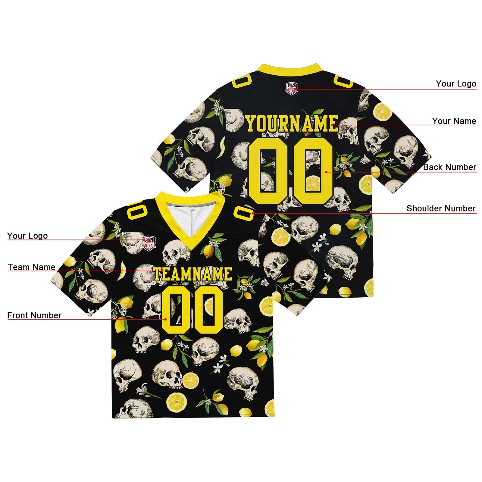 Custom Football Jersey Shirt Personalized Stitched Printed Team Name Number Skull-Lemon Yellow