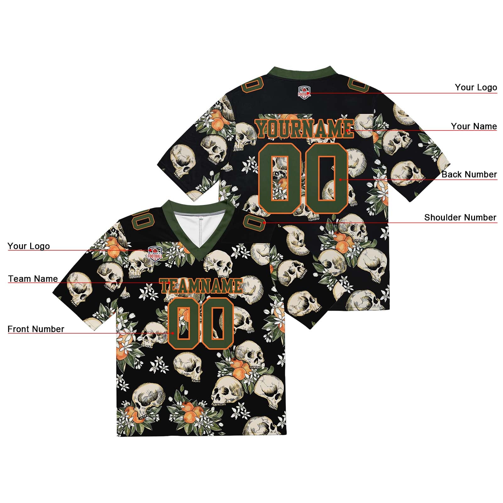 Custom Football Jersey Shirt Personalized Stitched Printed Team Name Number Skull-Olive green