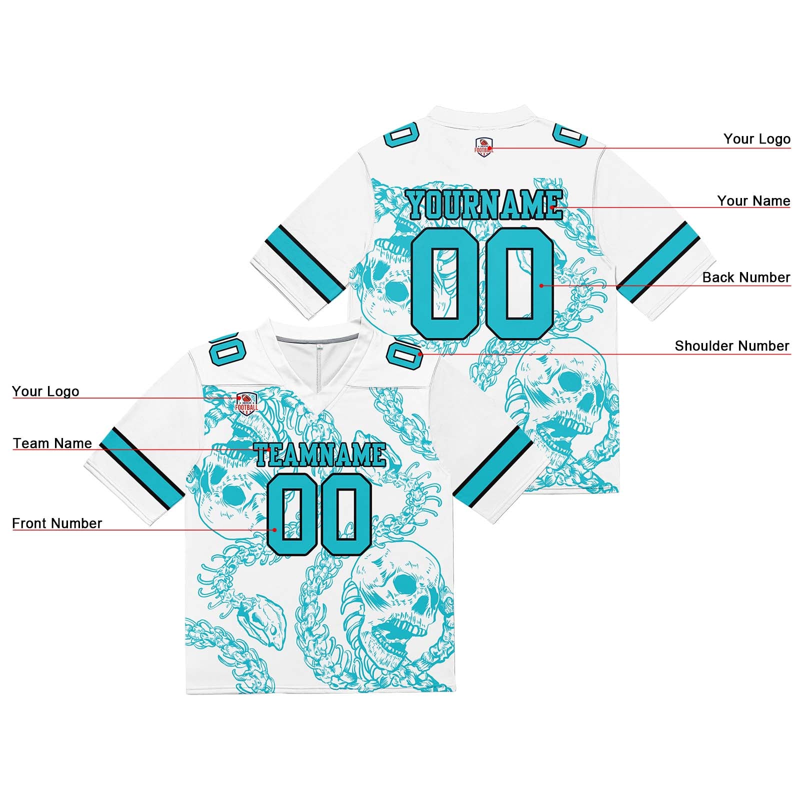 Custom Football Jersey Shirt Personalized Stitched Printed Team Name Number Bones-Teal