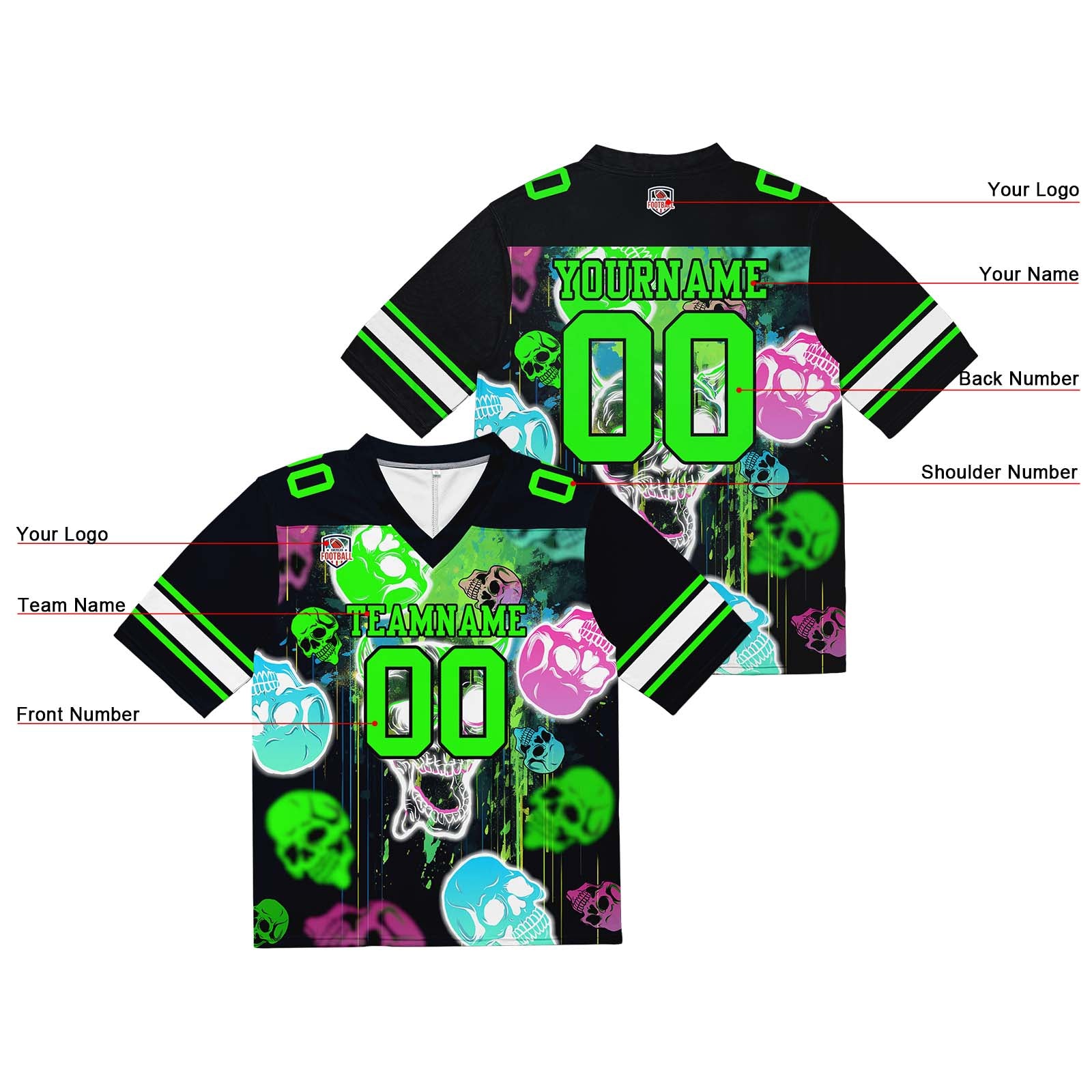 Custom Football Jersey Shirt Personalized Stitched Printed Team Name Number Graffiti skull-Neon Green