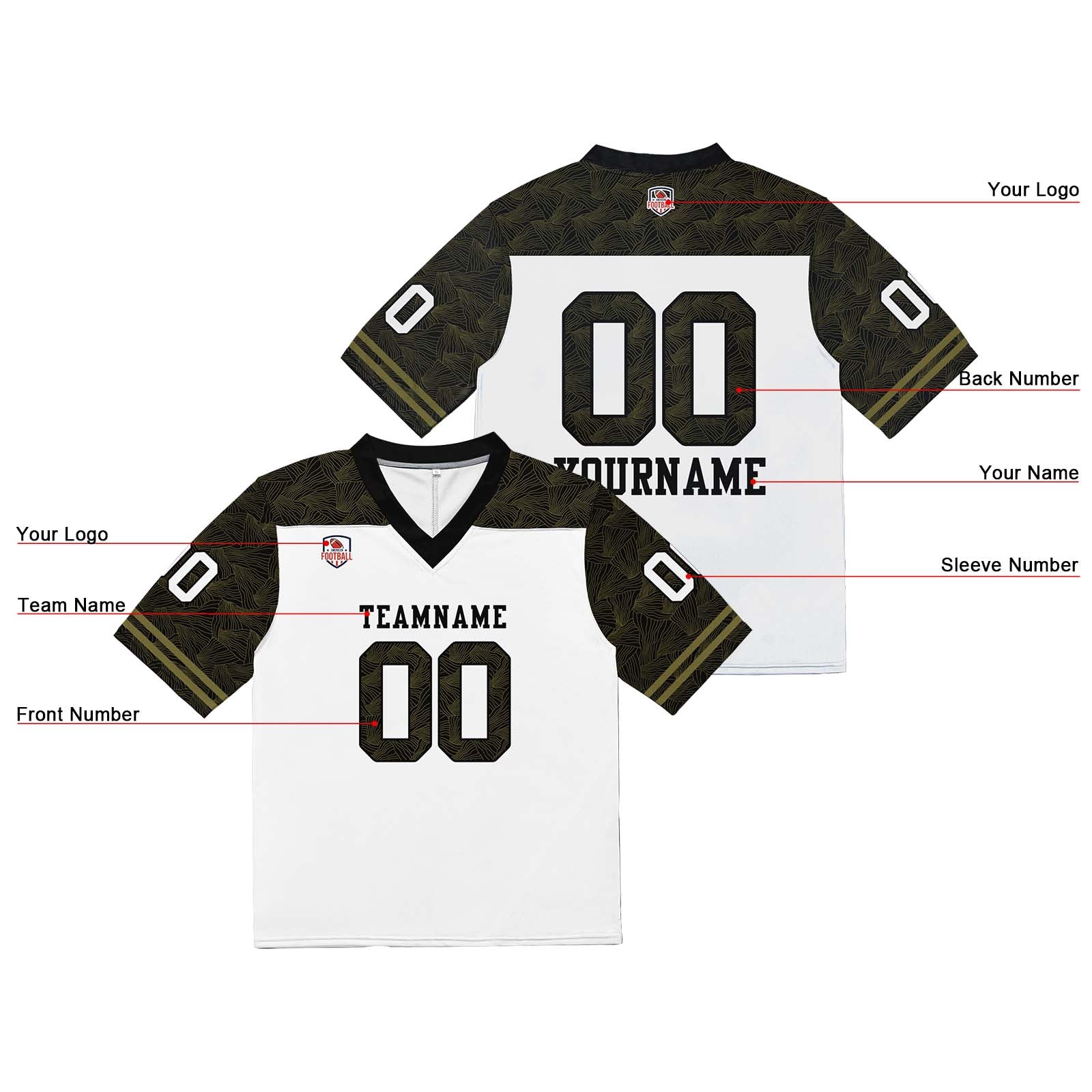 Custom Football Jersey Shirt Personalized Stitched Printed Team Name Number White & Black & Dark Green