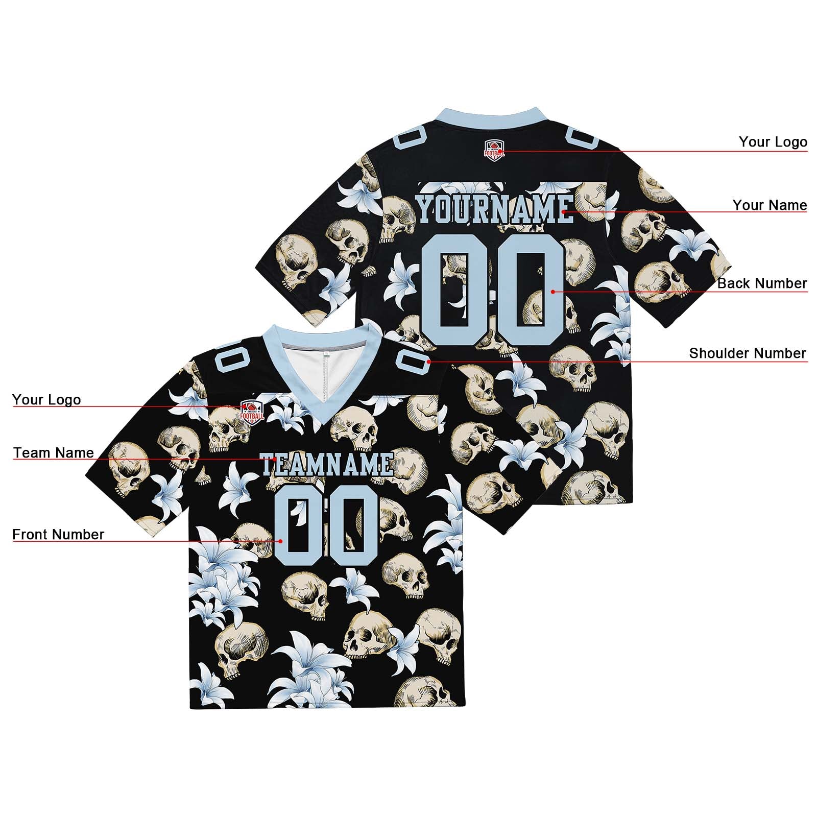 Custom Football Jersey Shirt Personalized Stitched Printed Team Name Number Skull-Light Blue