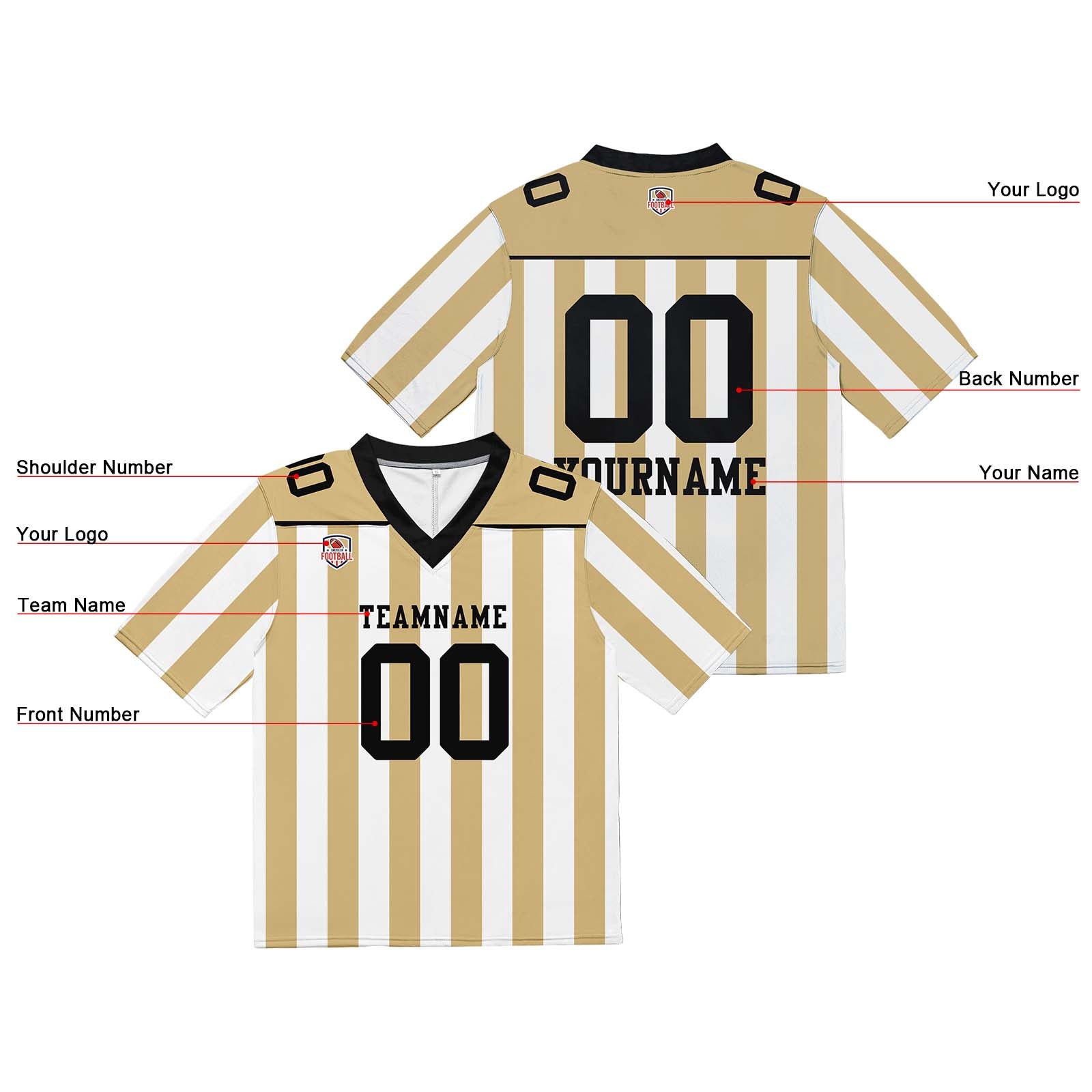 Custom Football Jersey Shirt Personalized Stitched Printed Team Name Number Gold & White