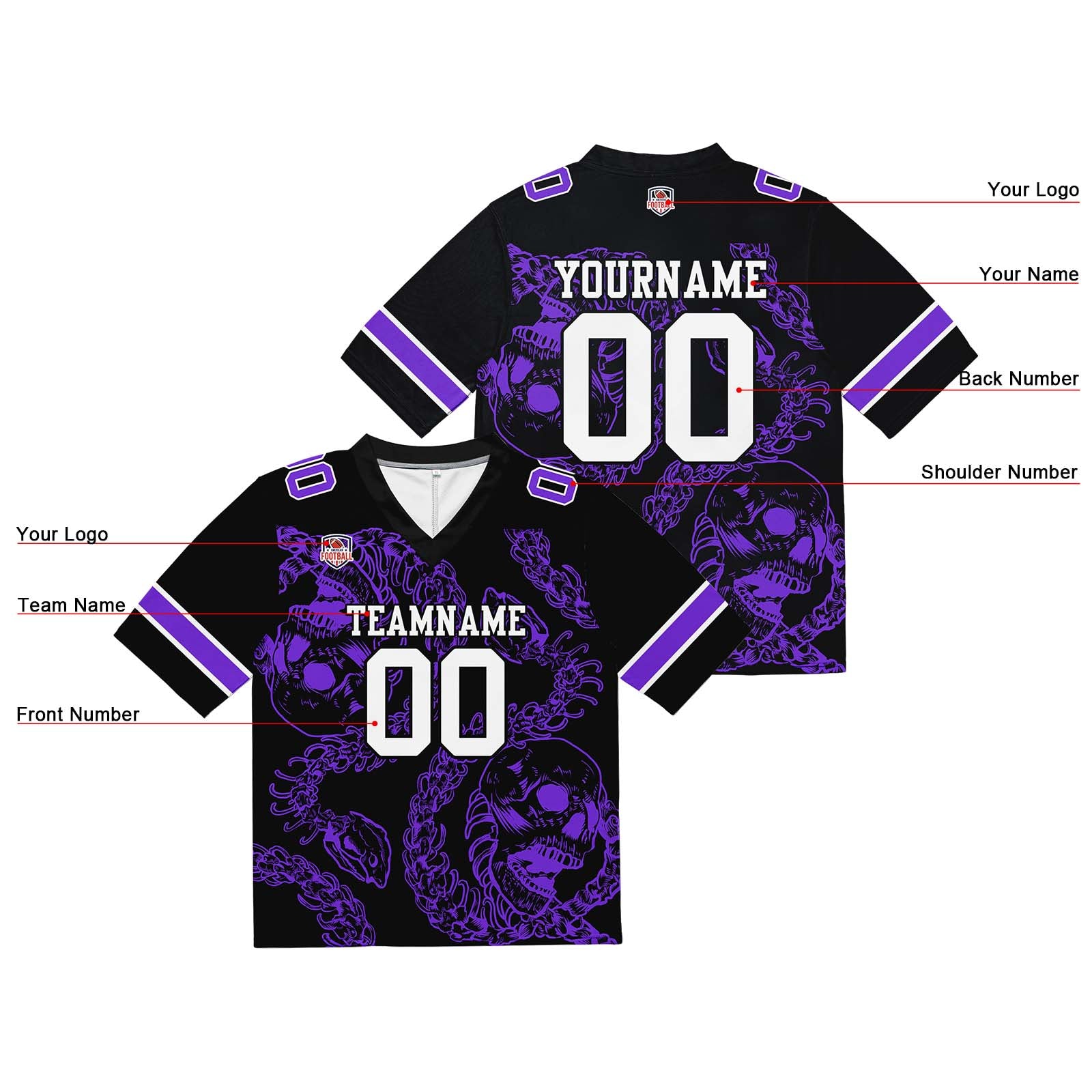 Custom Football Jersey Shirt Personalized Stitched Printed Team Name Number Bones-Purple