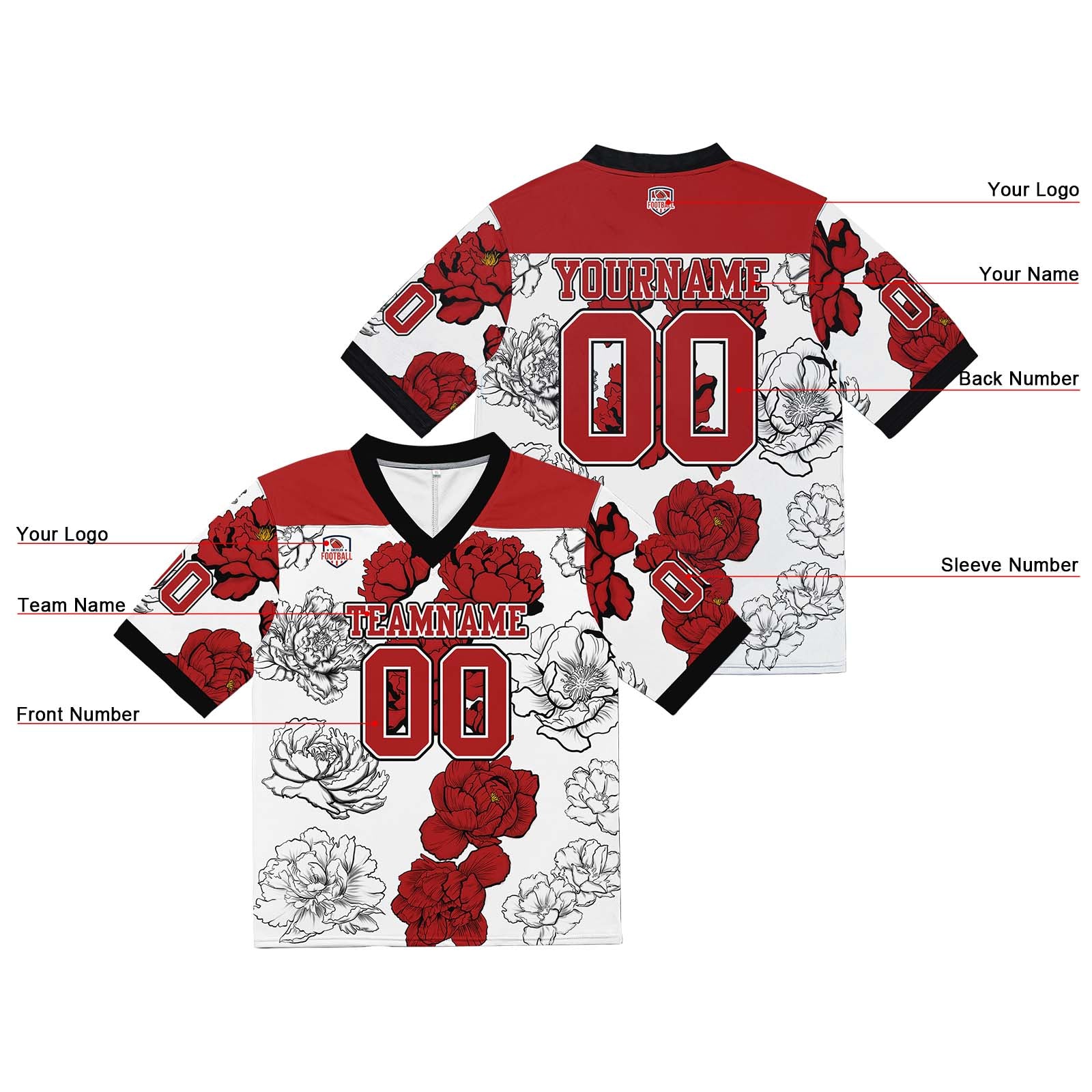 Custom Football Jersey Shirt Personalized Stitched Printed Team Name Number White&Red