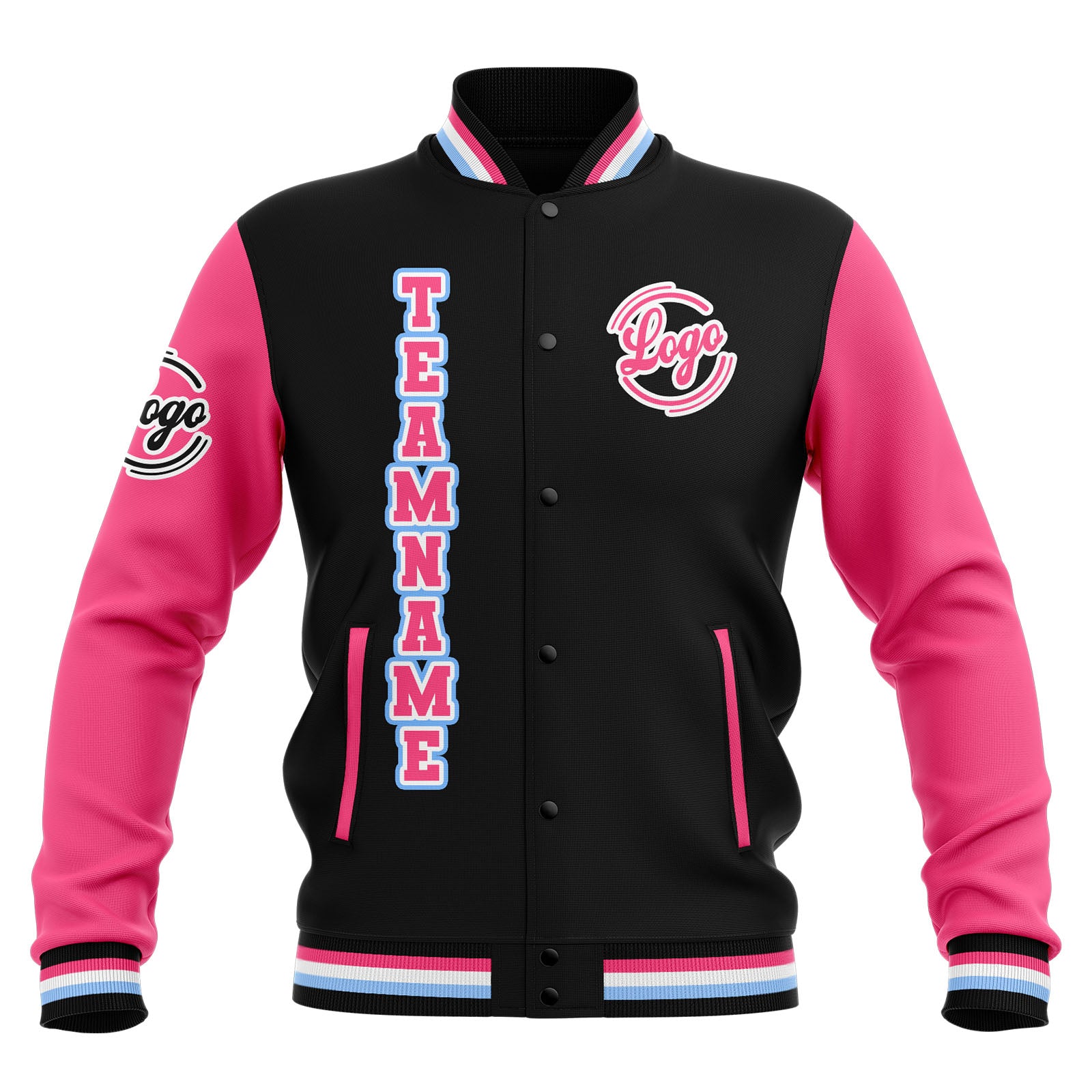 Custom Black Pink Light Blue Waterproof Varsity Jackets Personalized Stitched Name Number Logo to Letterman Jackets