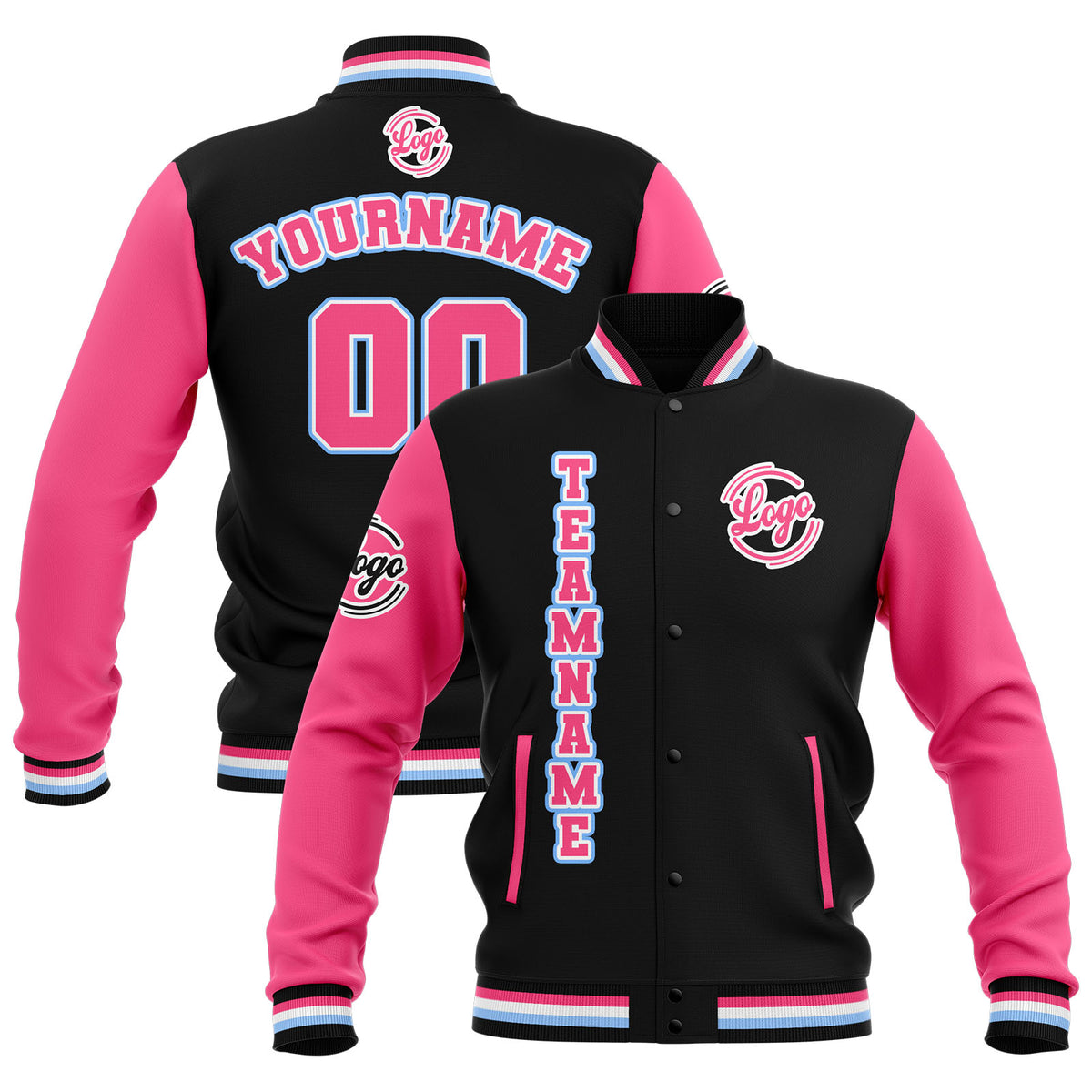 Custom Black Pink Light Blue Waterproof Varsity Jackets Personalized Stitched Name Number Logo to Letterman Jackets