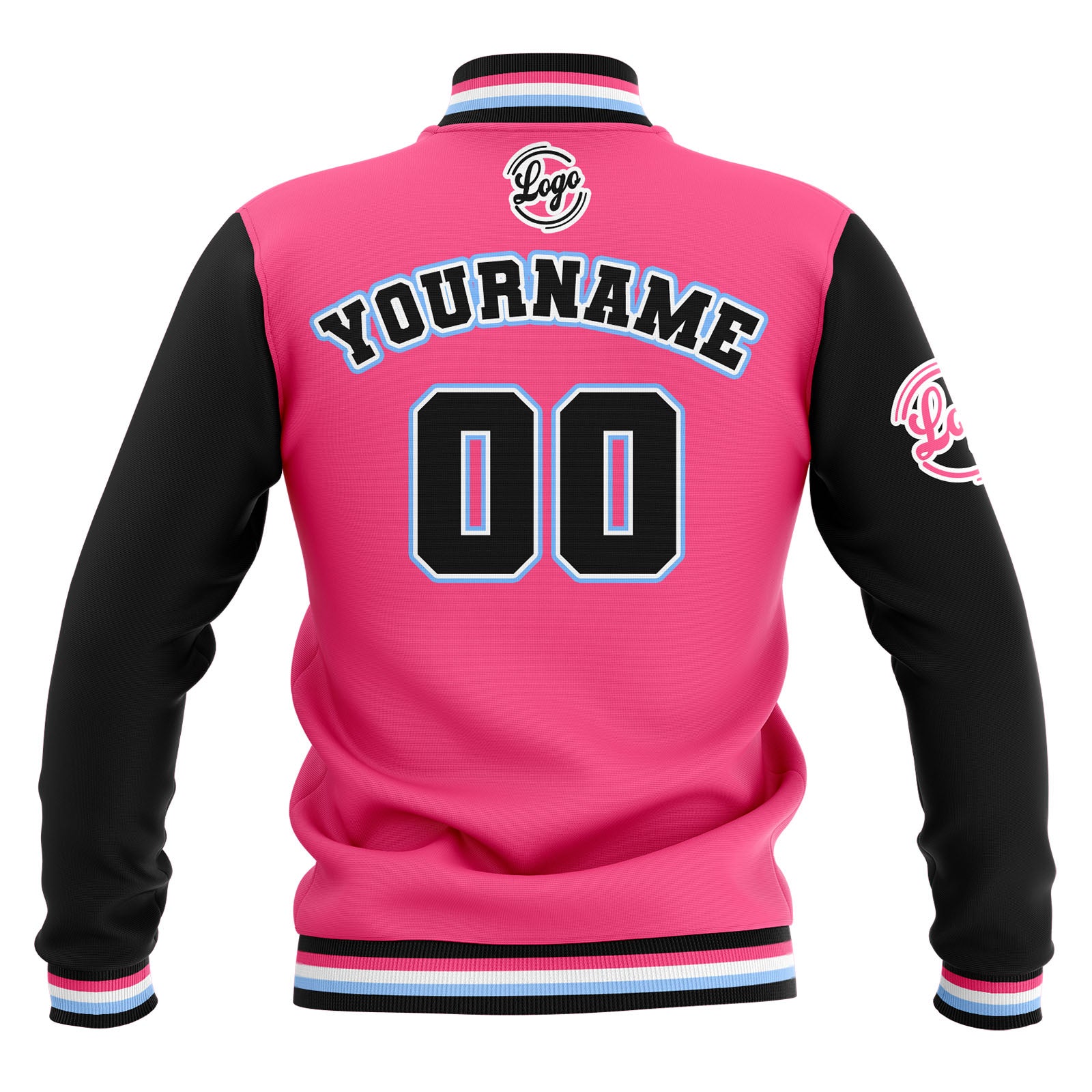 Custom Black Pink Light Blue Waterproof Varsity Jackets Personalized Stitched Name Number Logo to Letterman Jackets