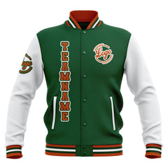 Custom Green White Orange Waterproof Varsity Jackets Personalized Stitched Name Number Logo to Letterman Jackets