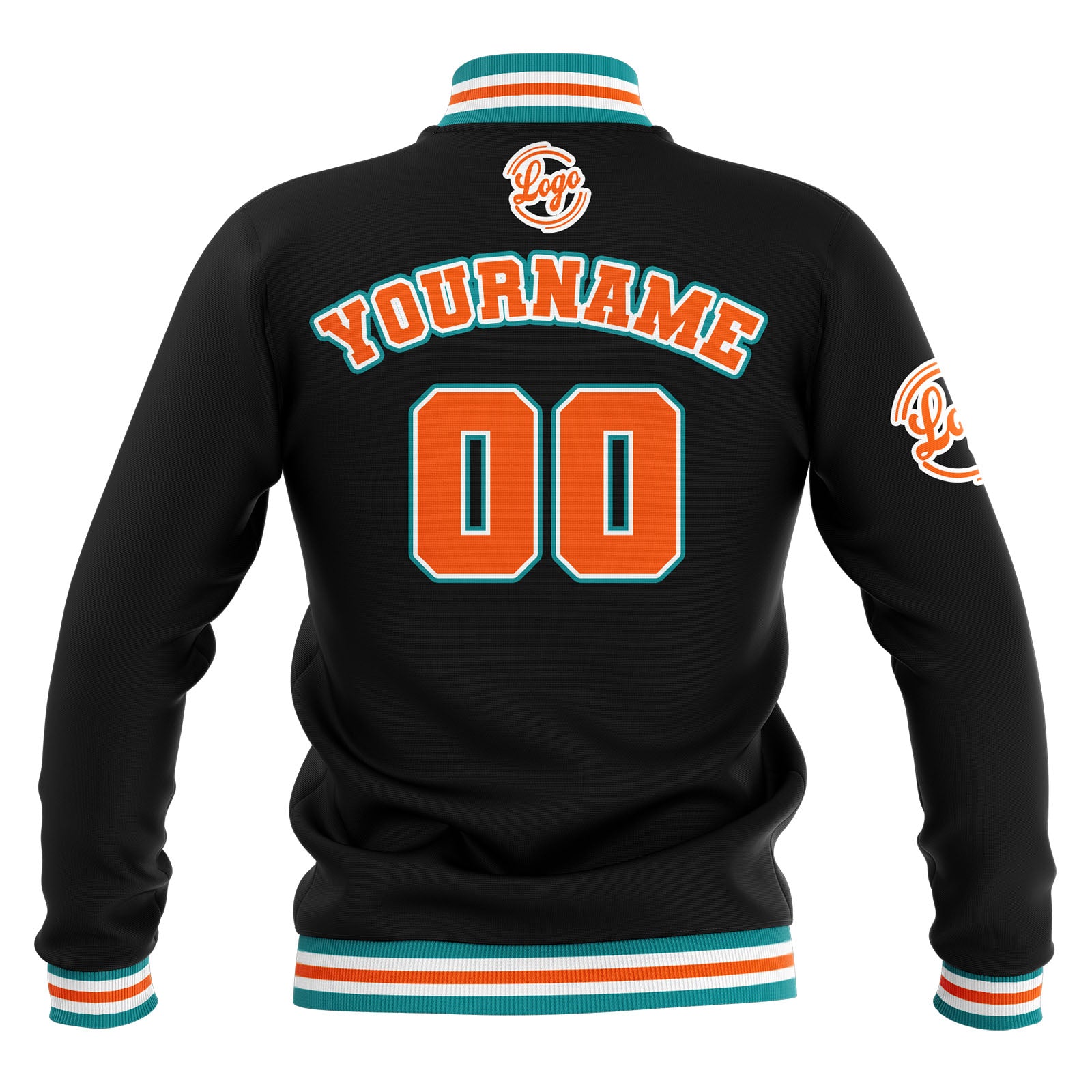 Custom Black Teal Orange Waterproof Varsity Jackets Personalized Stitched Name Number Logo to Letterman Jackets