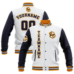 Custom White Navy Yellow Waterproof Varsity Jackets Personalized Stitched Name Number Logo to Letterman Jackets