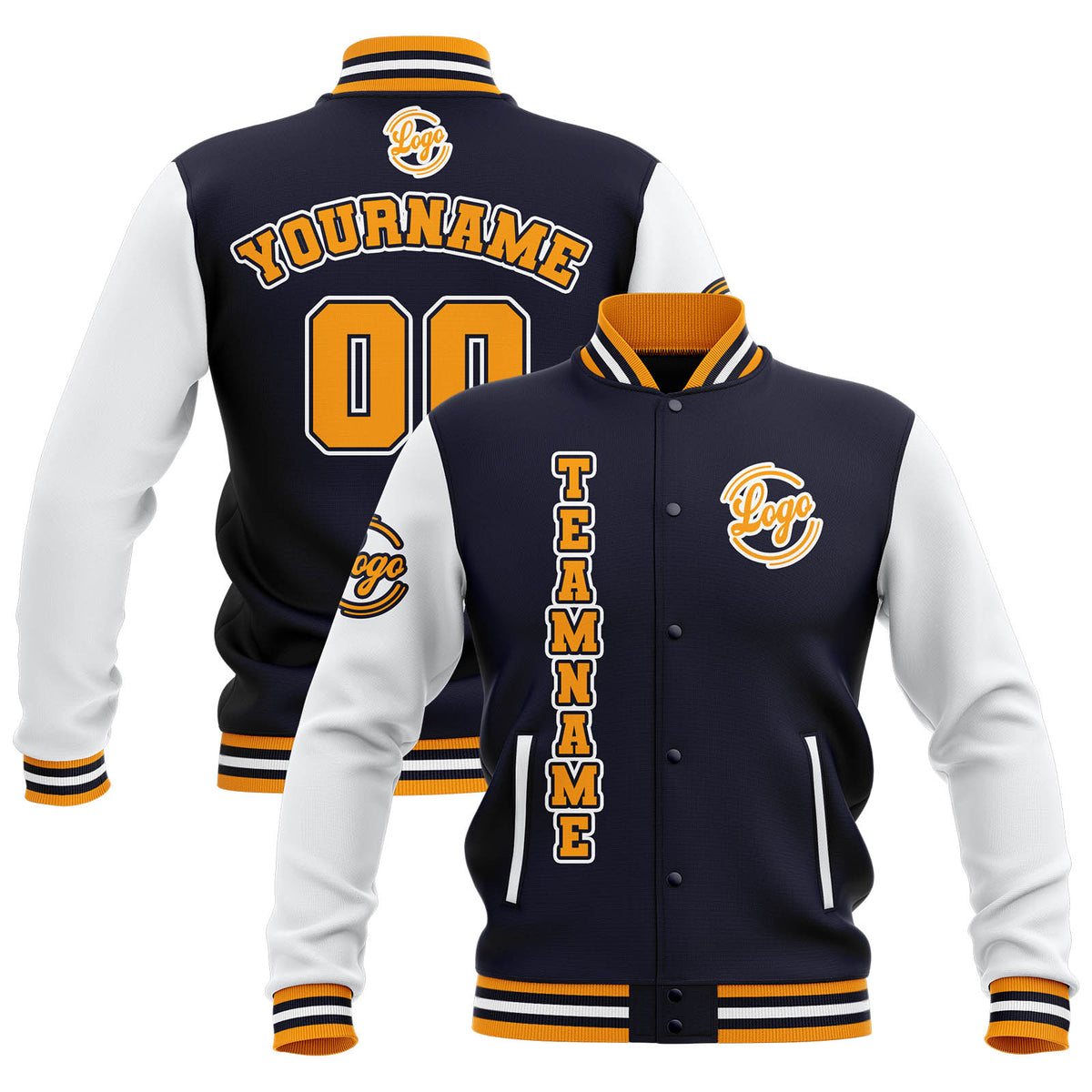 Custom Navy White Yellow Waterproof Varsity Jackets Personalized Stitched Name Number Logo to Letterman Jackets