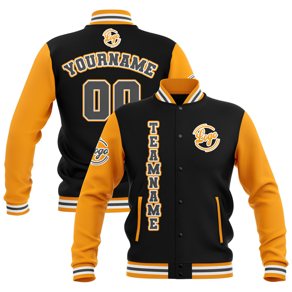 Custom Black Yellow Grey Waterproof Varsity Jackets Personalized Stitched Name Number Logo to Letterman Jackets