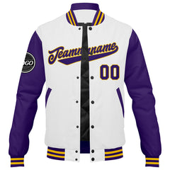 Custom Varsity Jacket Letterman jacket for Men, Women and Youth Purple White Yellow