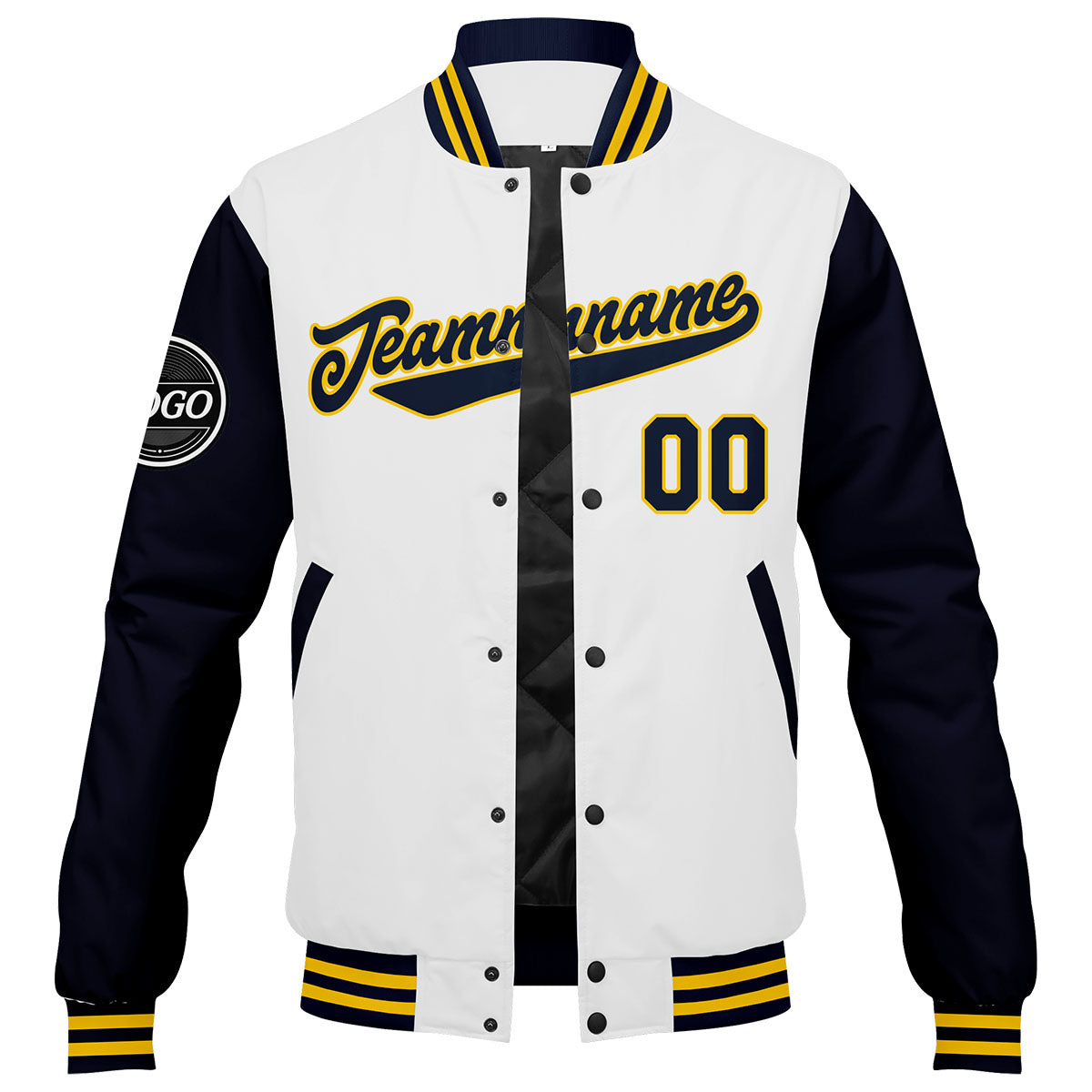 Custom Varsity Jacket Letterman jacket for Men, Women and Youth Navy White Yellow