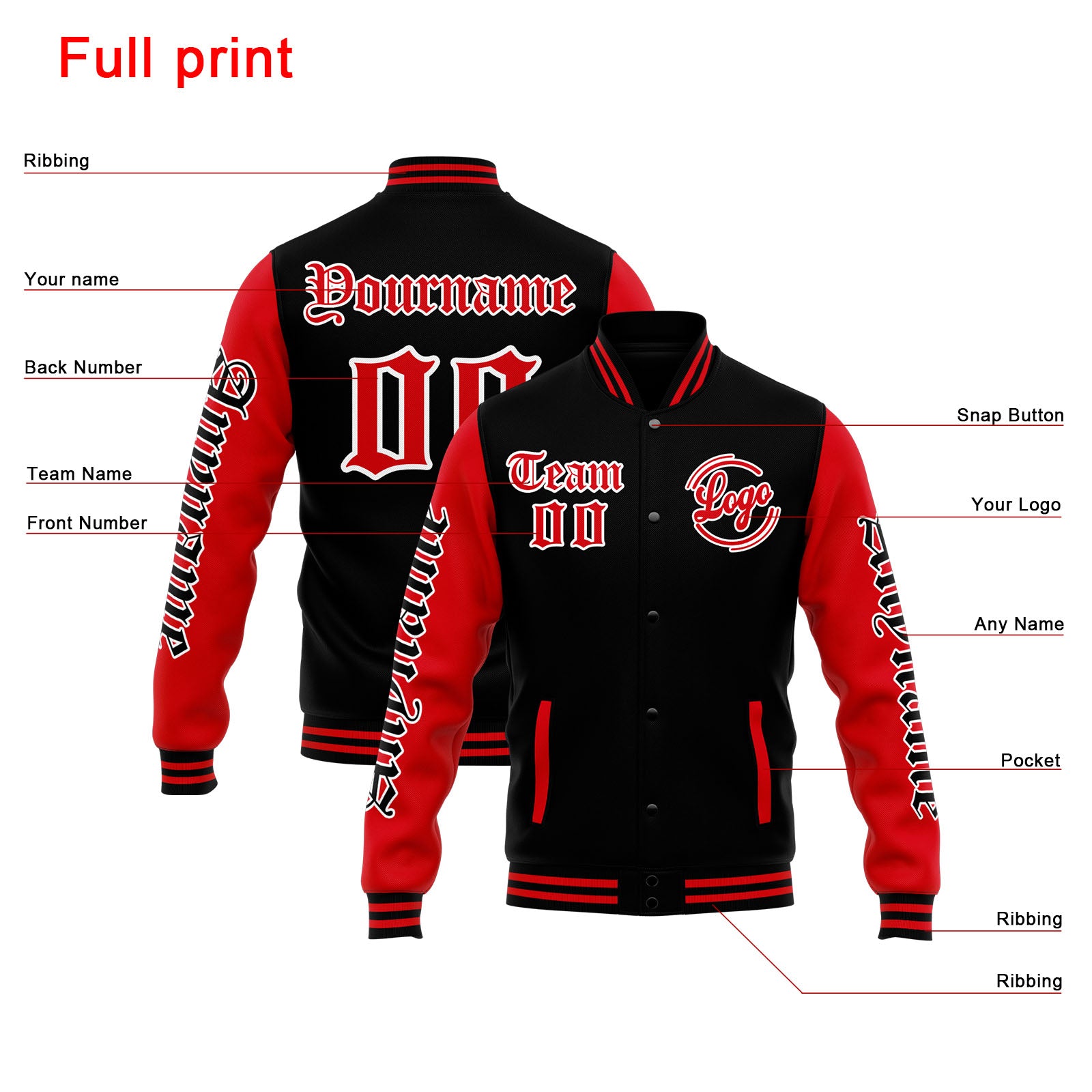 Custom Varsity Jacket Letterman jacket for Men, Women and Youth Black Red