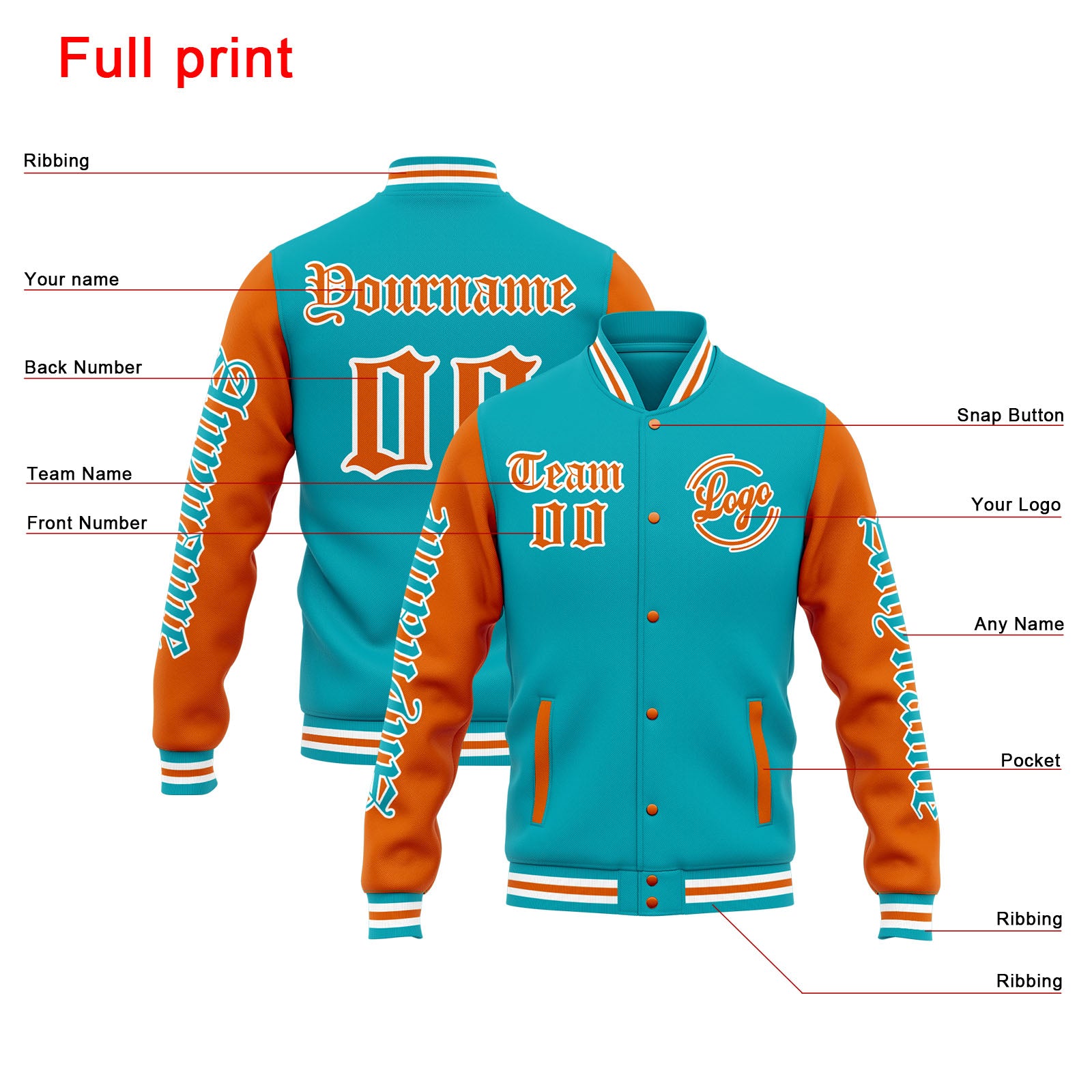 Custom Varsity Jacket Letterman jacket for Men, Women and Youth Teal Orange