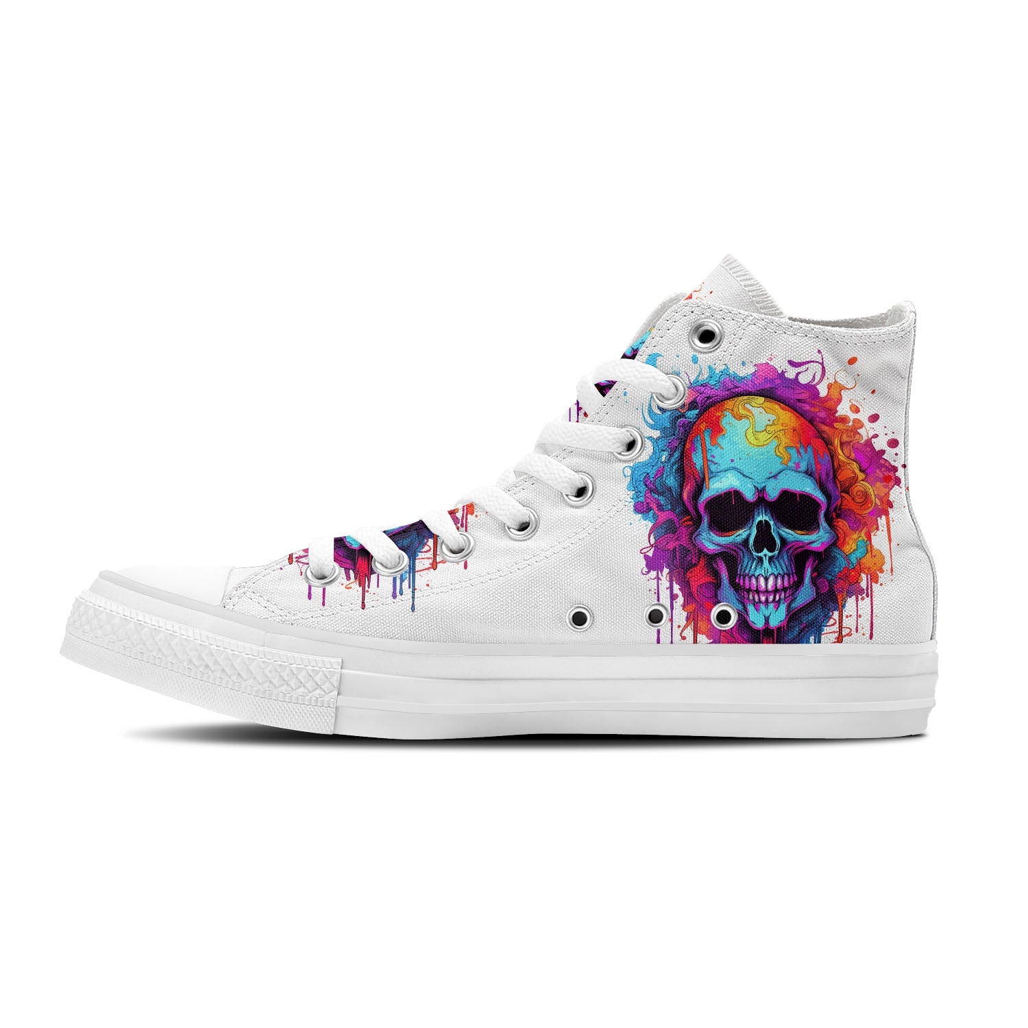 Chromatic Macabre: Unleash the Power of Fashion Rebellion with Men and Women's Mid-Top Canvas Shoes - Skull Artistry Meets Pencil Chic in a Vivid Palette of Style