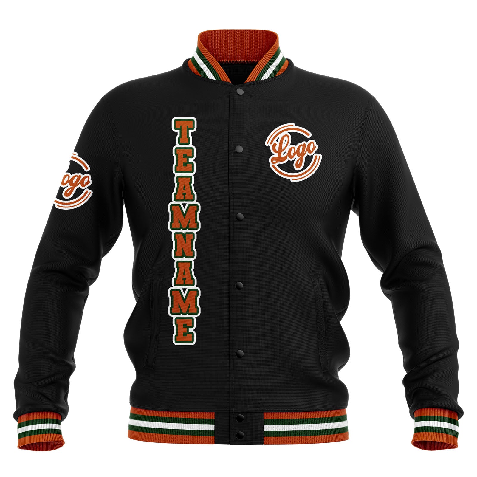 Custom Black Orange Green Waterproof Varsity Jackets Personalized Stitched Name Number Logo to Letterman Jackets