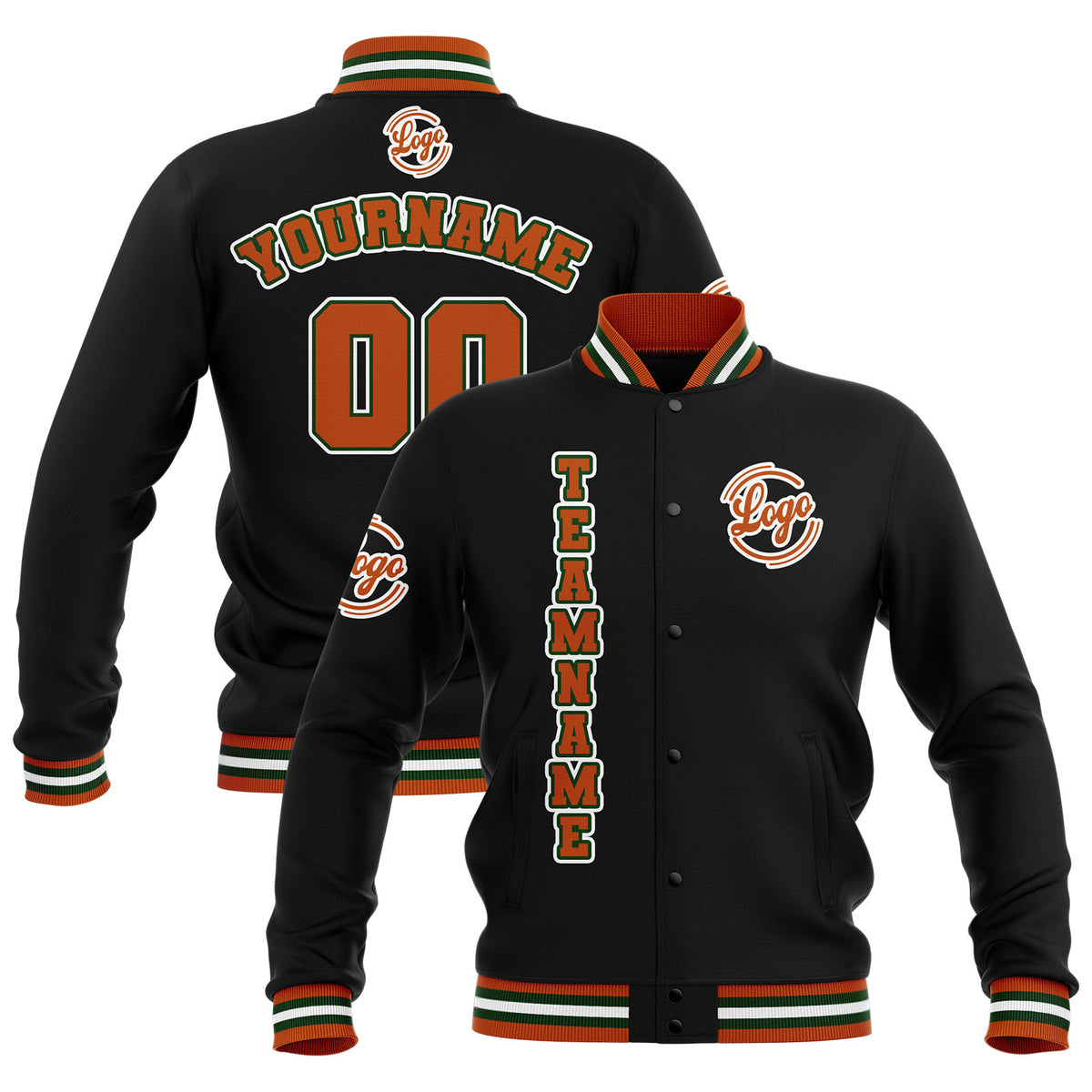 Custom Black Orange Green Waterproof Varsity Jackets Personalized Stitched Name Number Logo to Letterman Jackets