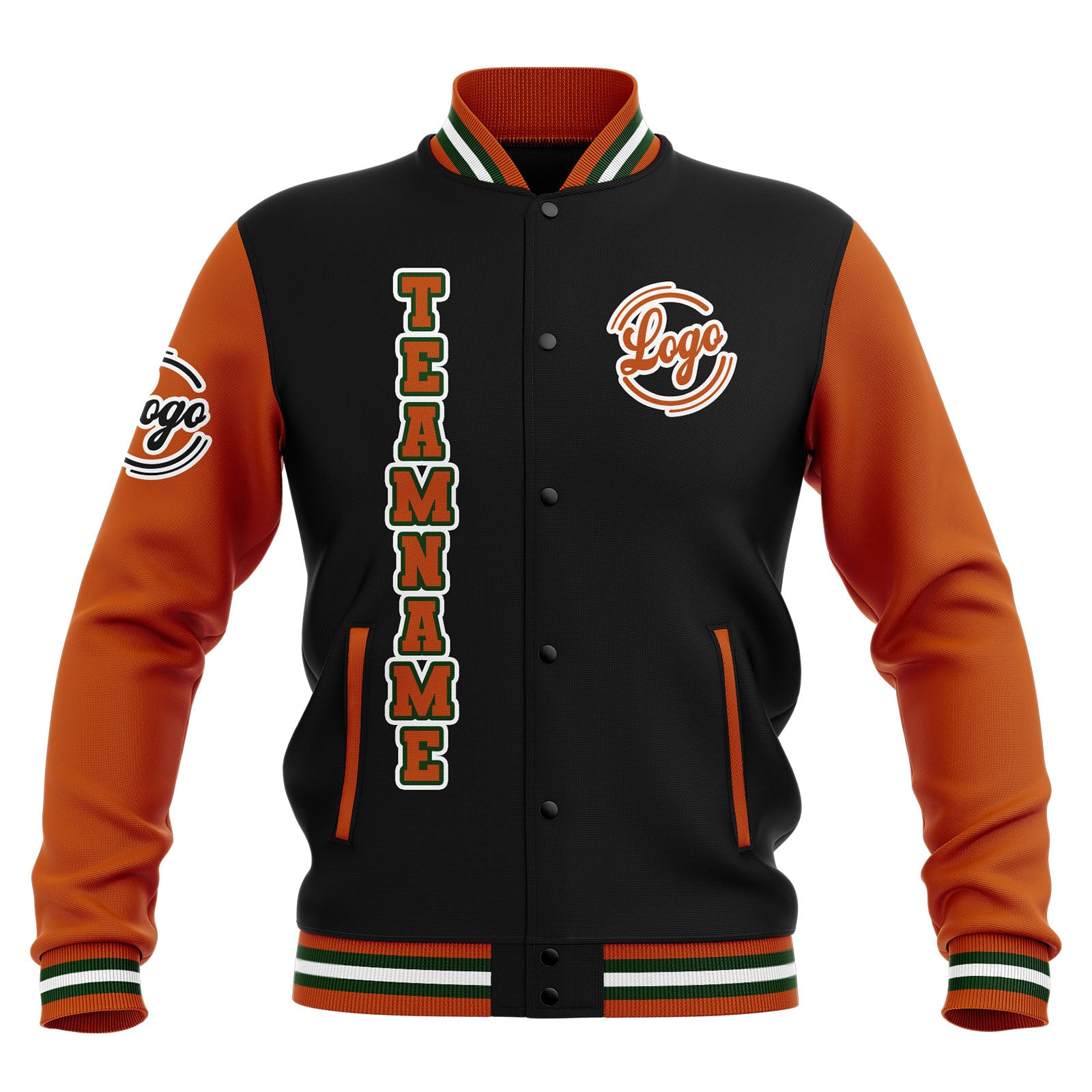 Custom Black Orange Green Waterproof Varsity Jackets Personalized Stitched Name Number Logo to Letterman Jackets