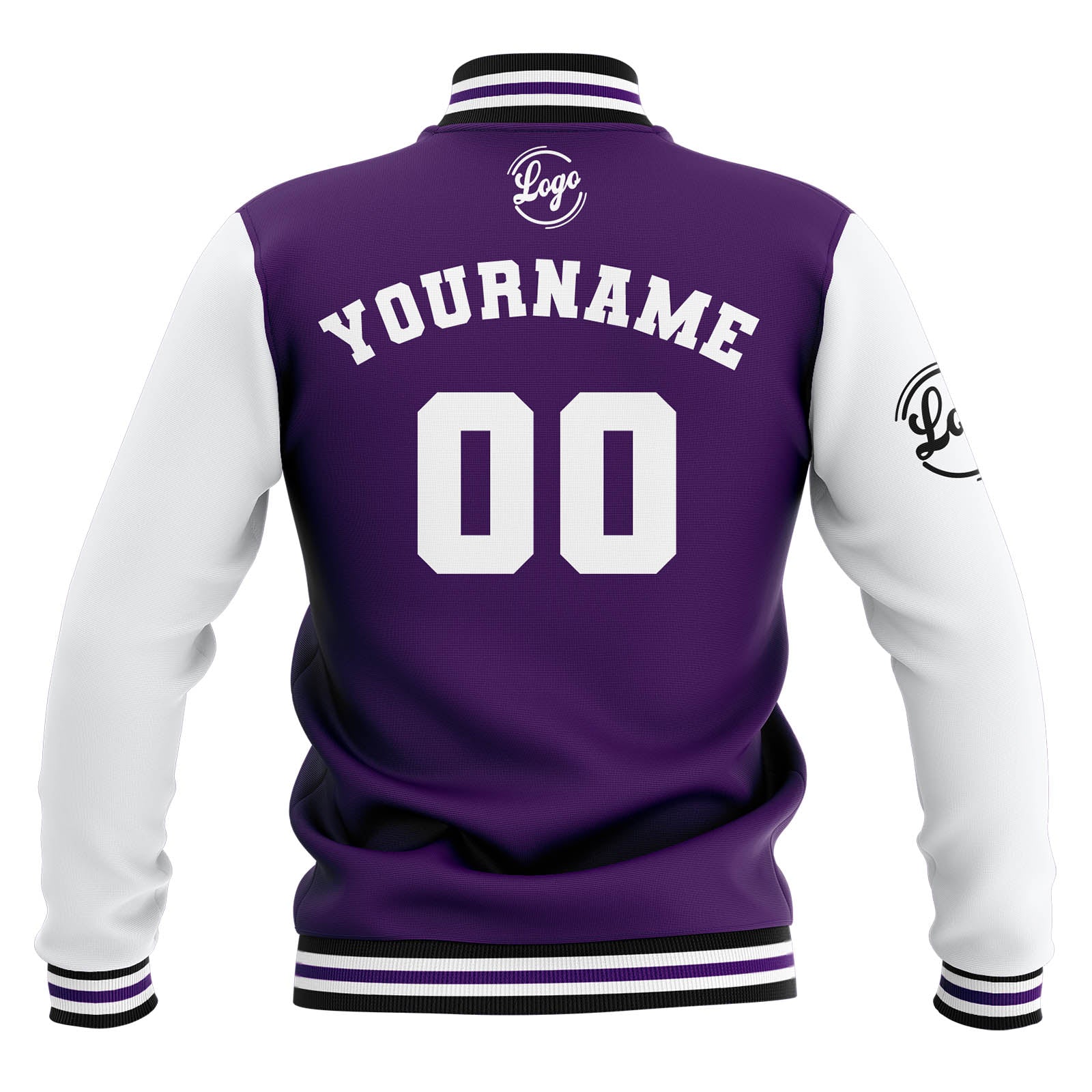 Custom Purple White Black Waterproof Varsity Jackets Personalized Stitched Name Number Logo to Letterman Jackets